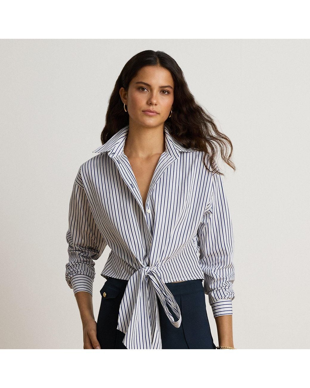 Ralph Lauren Gray Striped Tie-Front Cropped Cotton Shirt