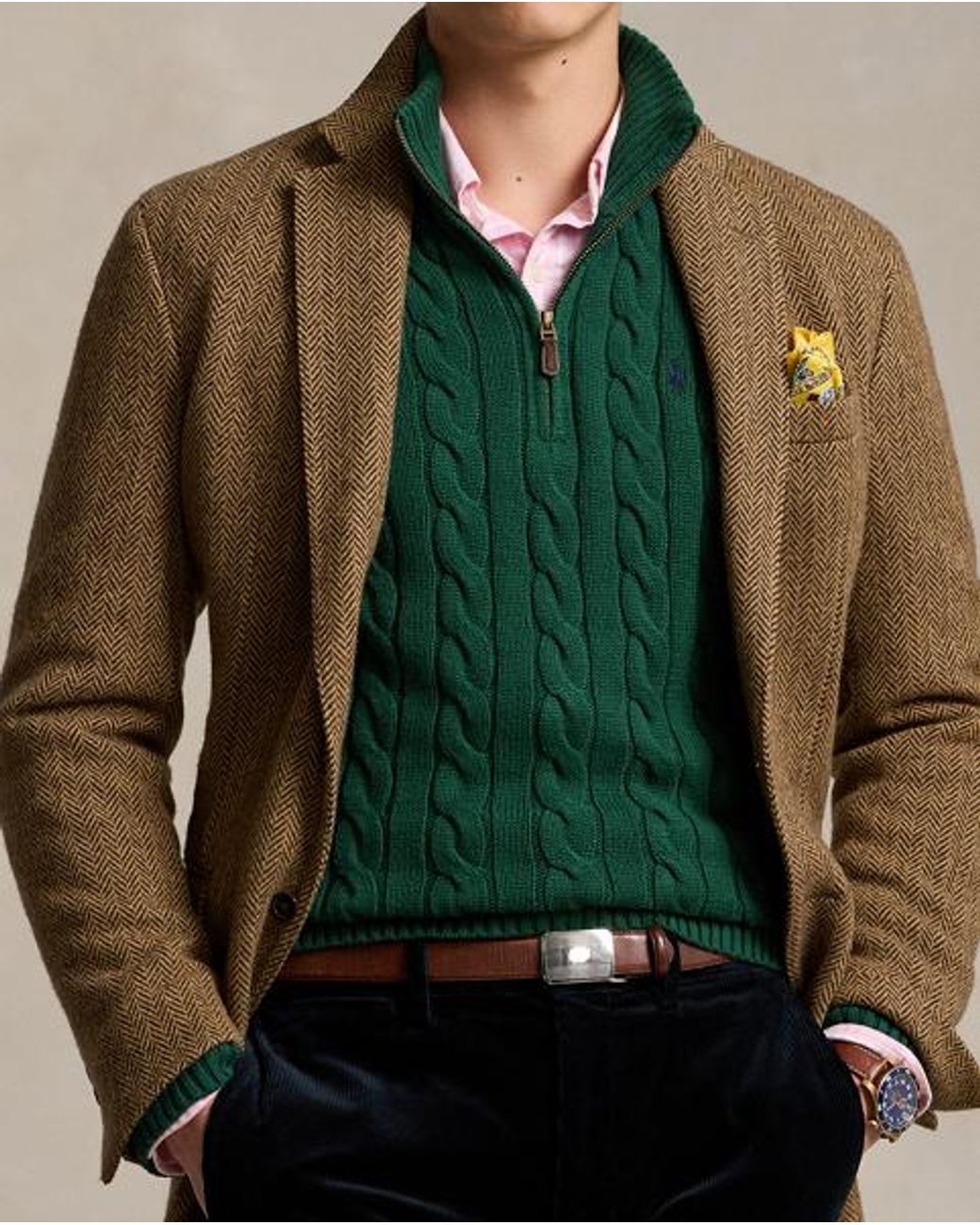Pull Ralph Lauren Demi-zip Torsadé - Marron, Taille L, Neuf Avec étiquettes (coton)