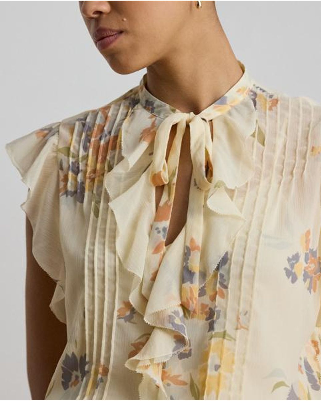 Ralph Lauren Natural Floral Pintucked Tie-Neck Blouse