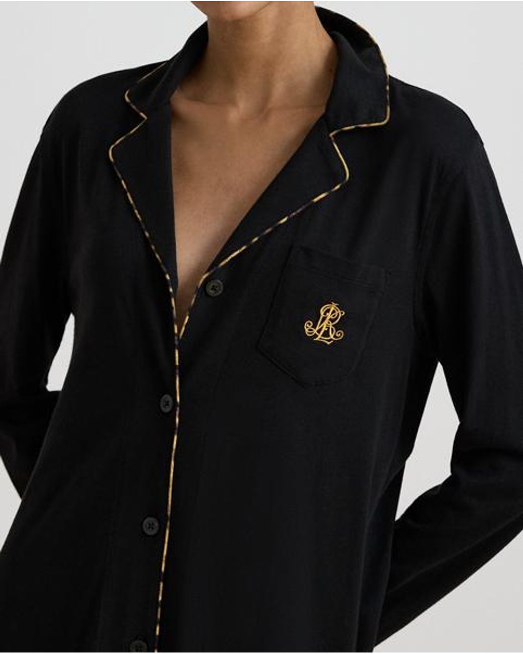 Ralph Lauren Black Leopard-Print-Trim Jersey Sleep Shirt