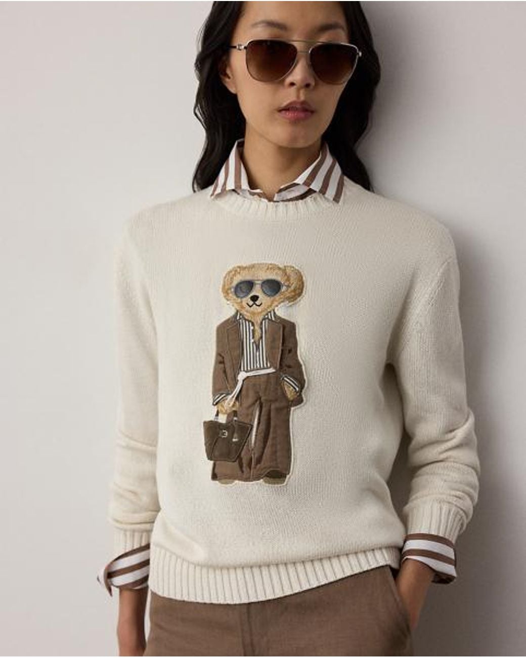 Ralph Lauren Gray Summer Polo Bear Silk Crewneck Jumper