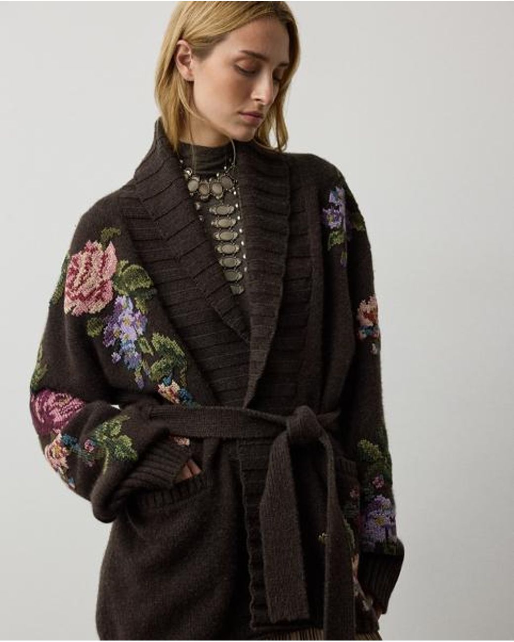 Ralph Lauren Brown Floral Cashmere Shawl-Collar Cardigan