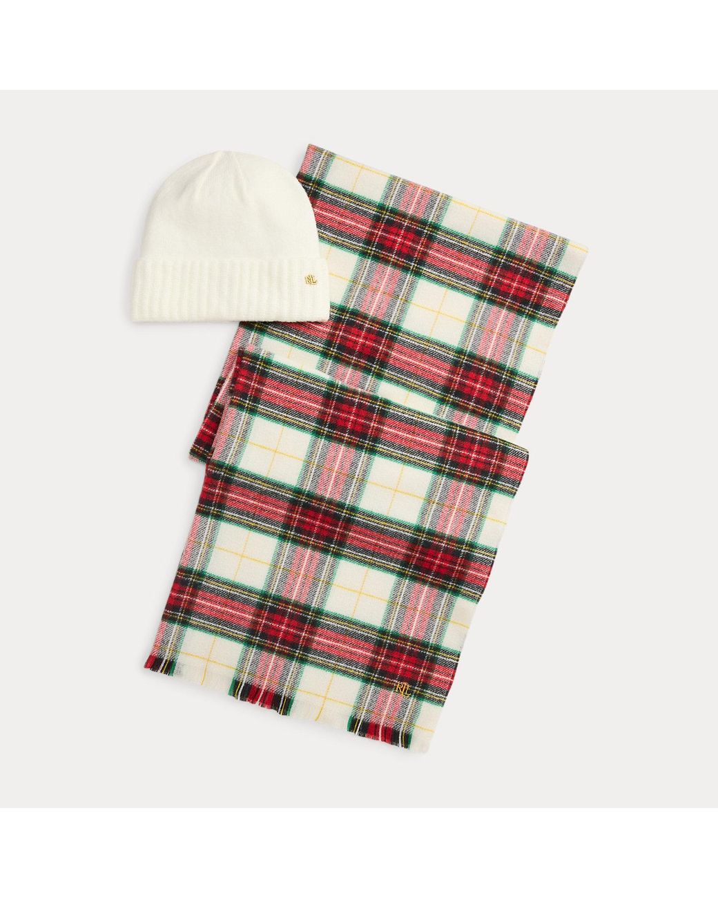 Ralph Lauren White Plaid Scarf & Knit Beanie Gift Set