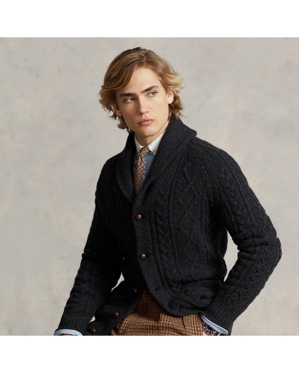 Ralph Lauren Aran-knit Wool-cashmere Shawl Cardigan in Black for Men | Lyst