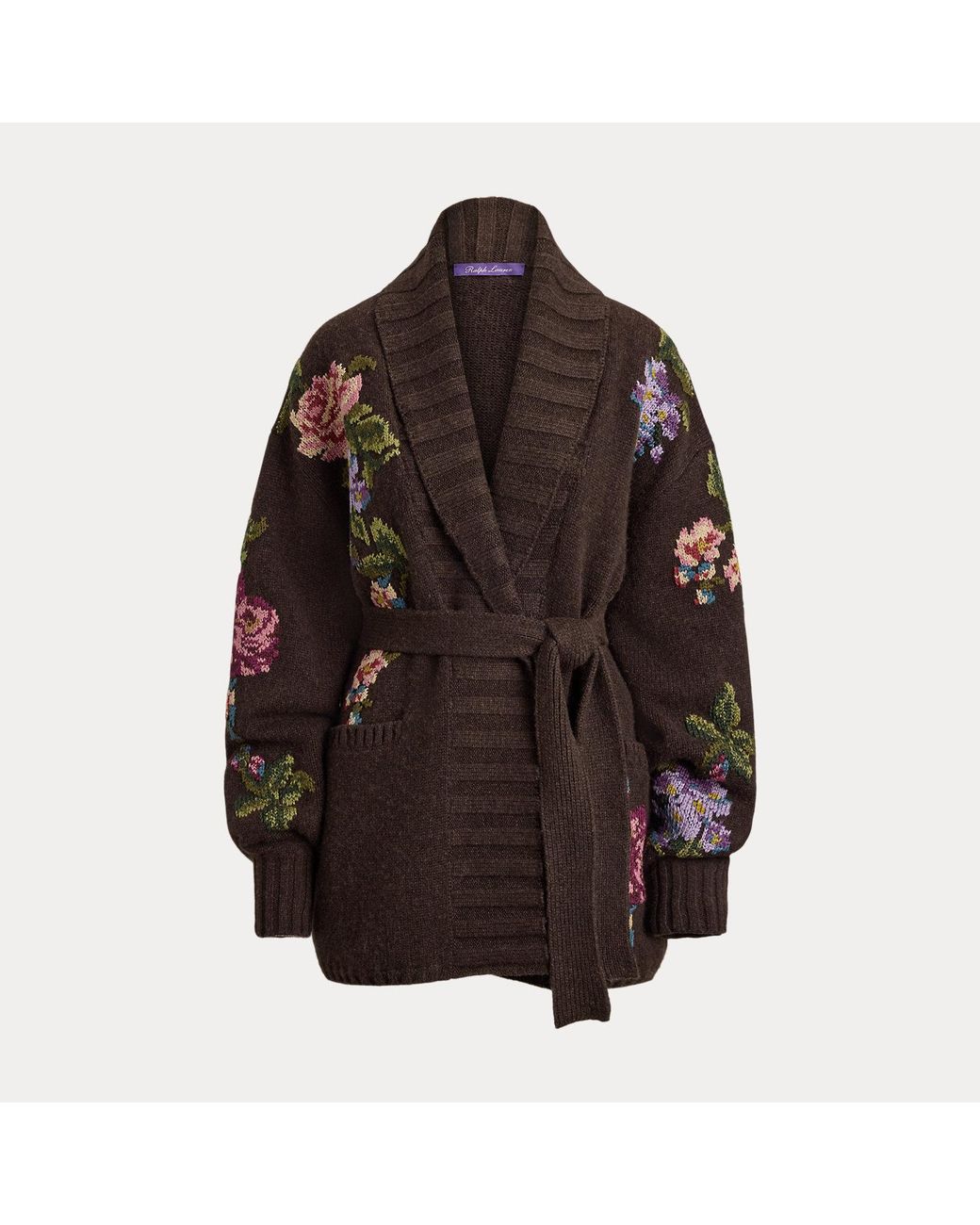 Ralph Lauren Brown Floral Cashmere Shawl-Collar Cardigan