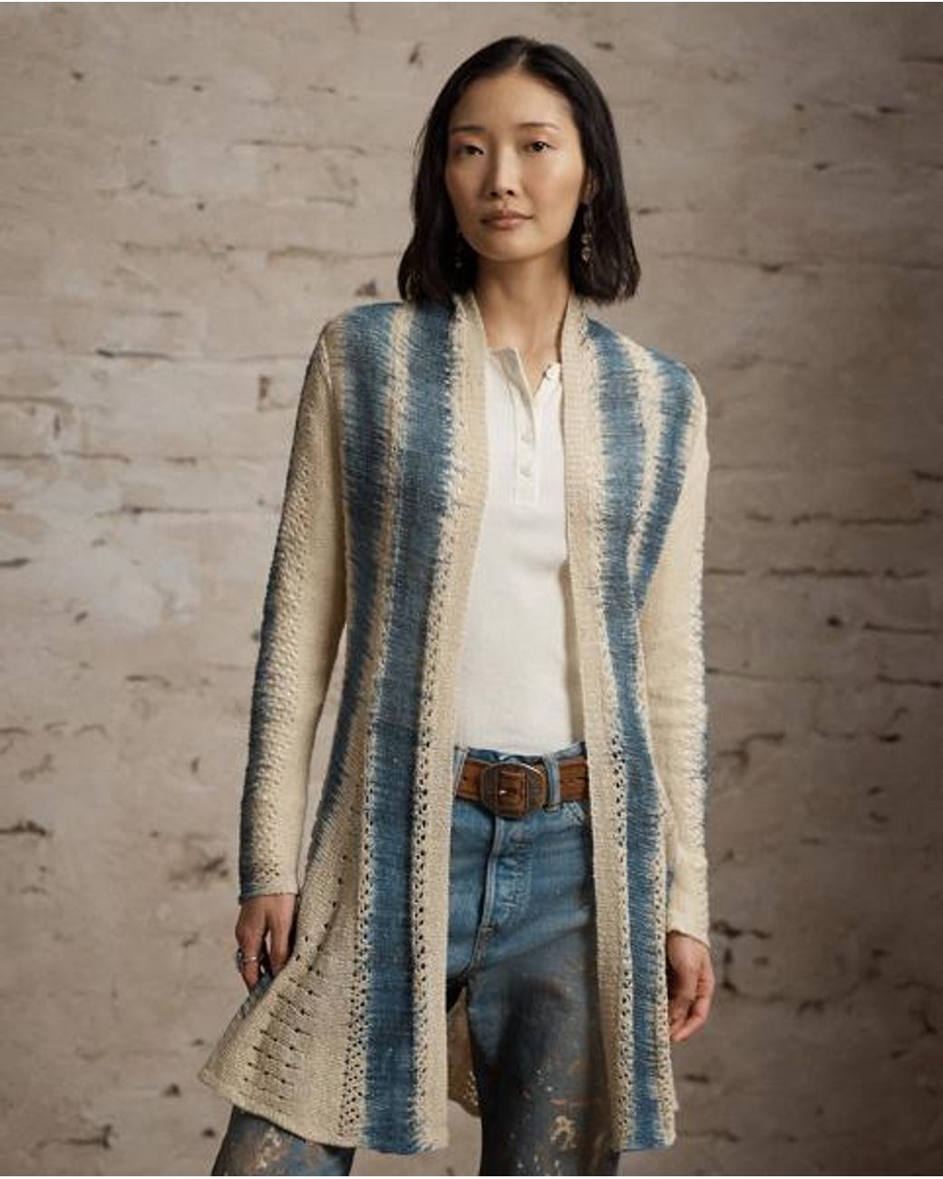 RRL Blue Linen-Silk Pointelle Duster Cardigan
