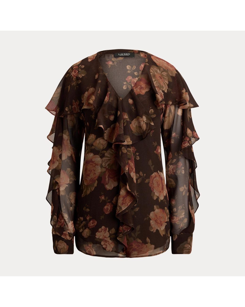 Ralph Lauren Brown Floral Ruffle-Trim Chiffon V-Neck Blouse