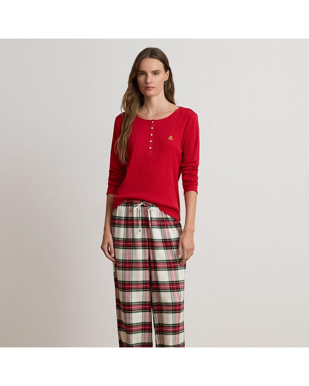 Ralph Lauren Red Plaid Cotton-Blend Henley Pyjama Set