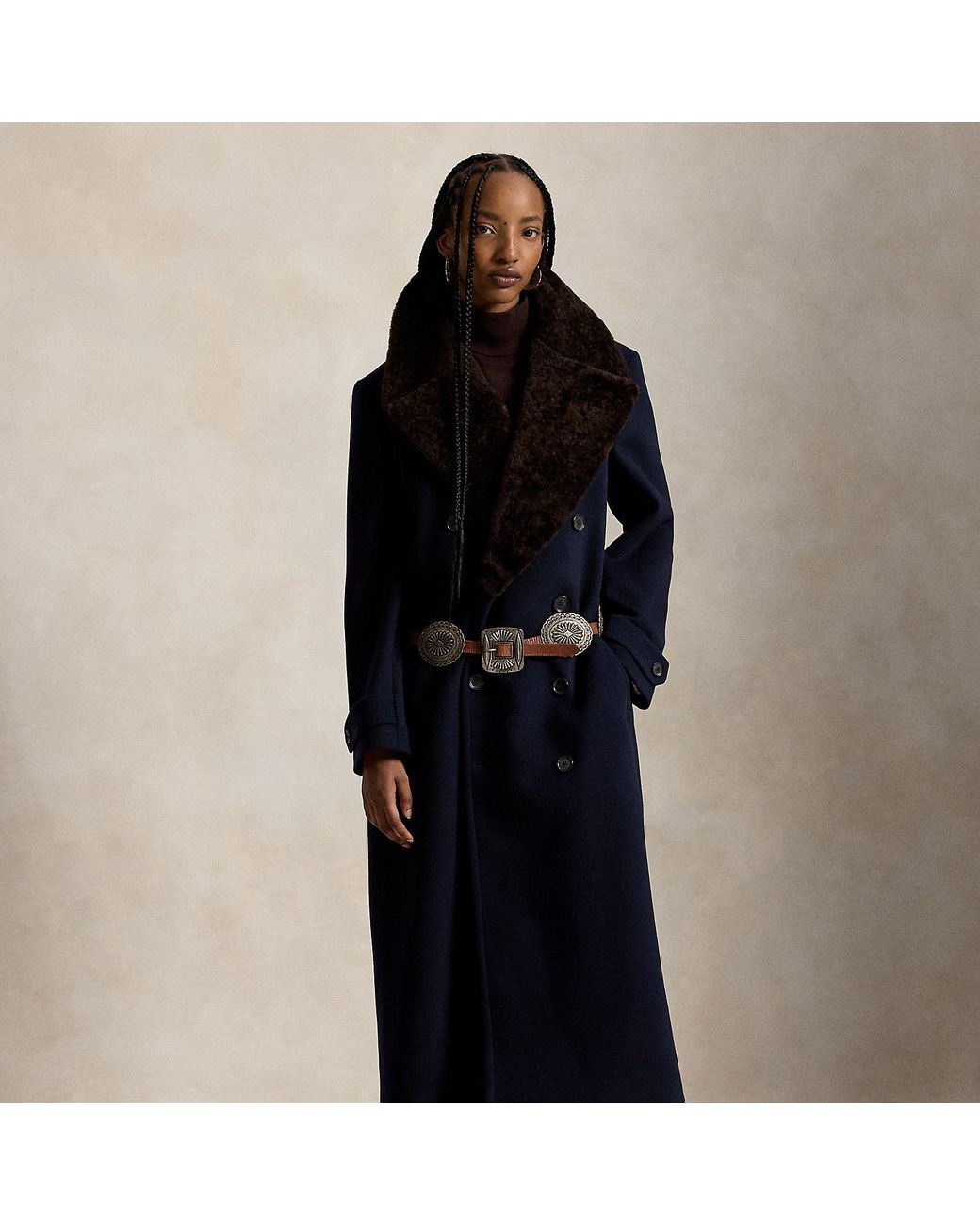 Ralph Lauren Black Shearling-Collar Wool Melton Peacoat