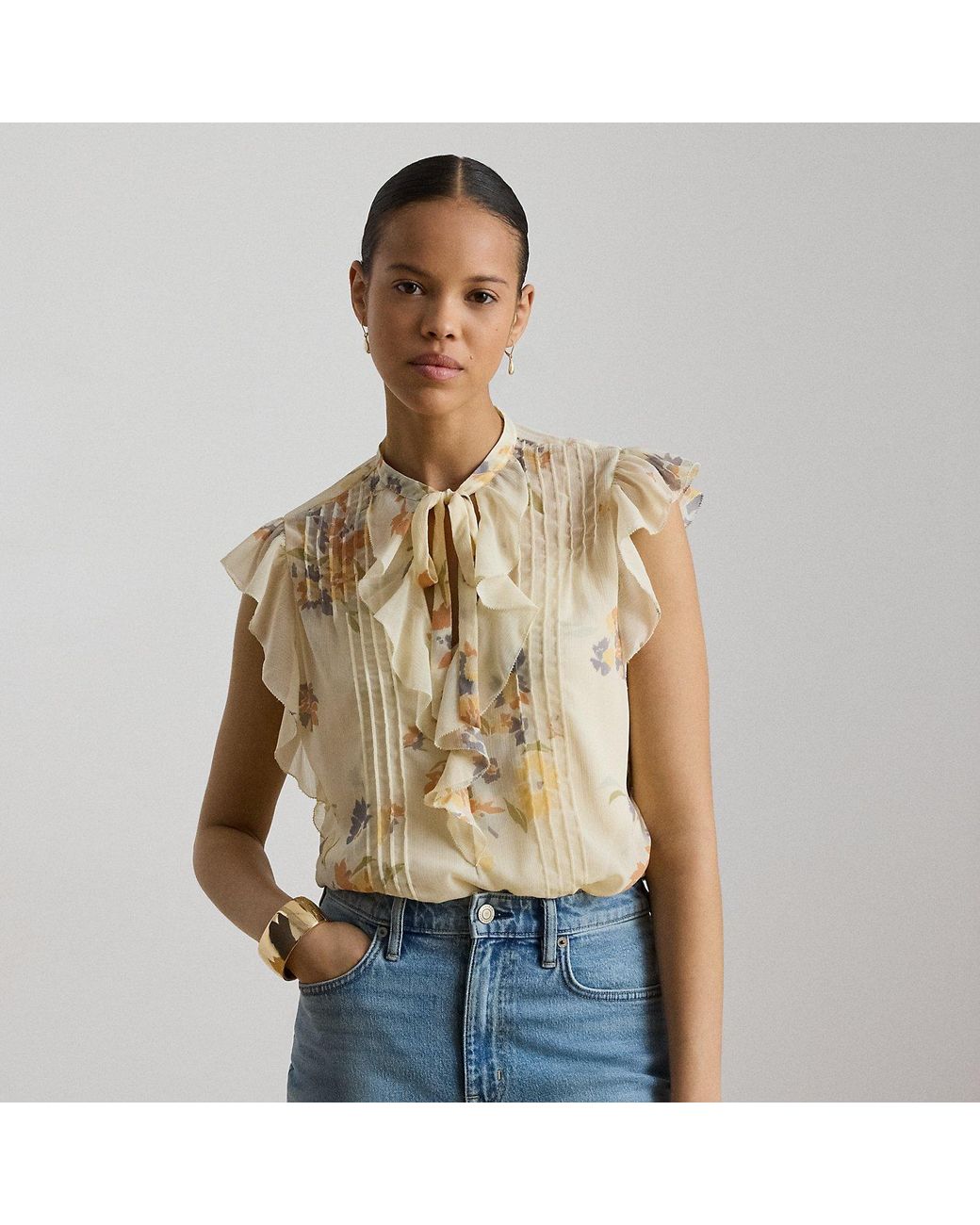 Ralph Lauren Natural Floral Pintucked Tie-Neck Blouse