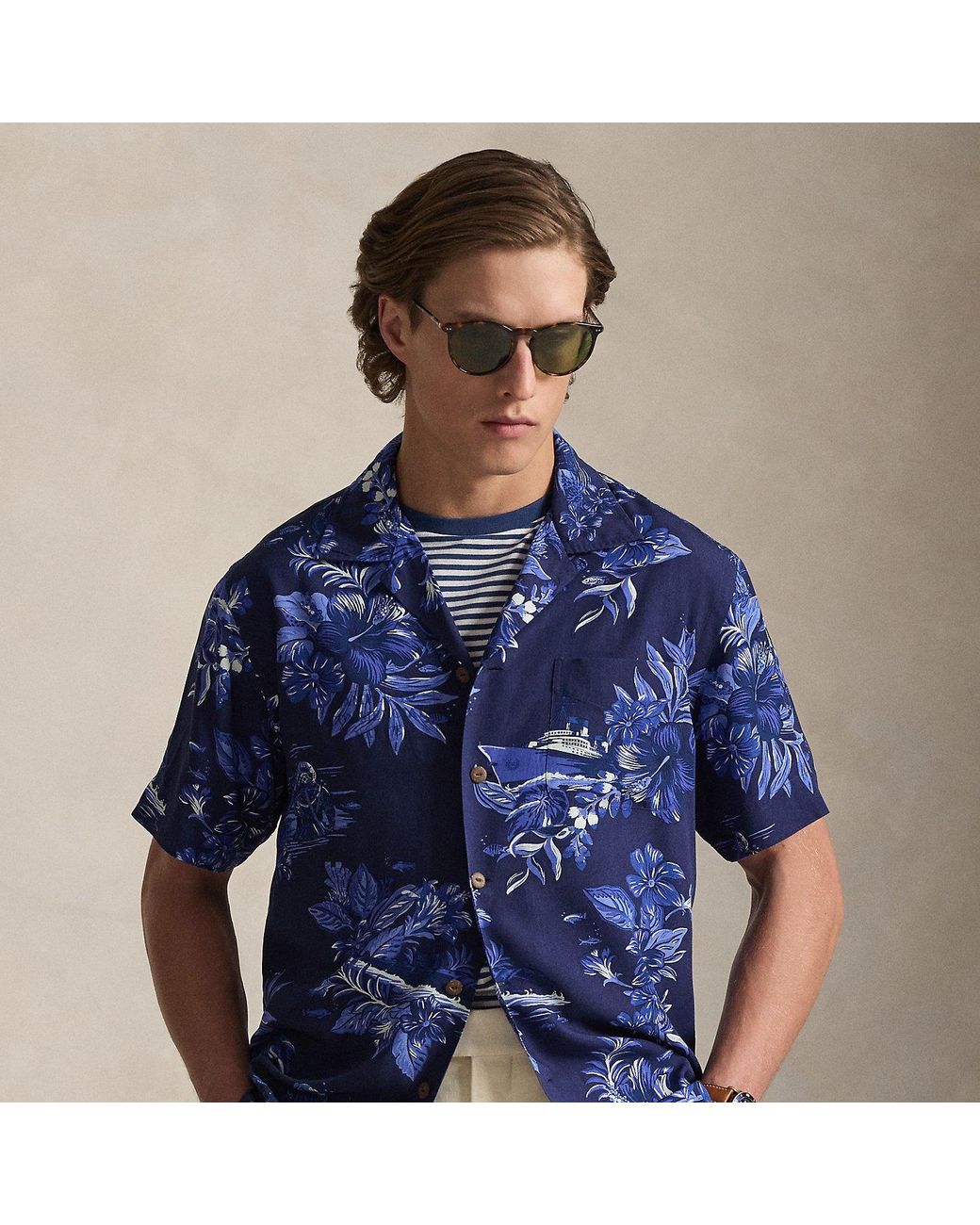 Polo Ralph Lauren Blue Classic Fit Tropical-Print Camp Shirt for men