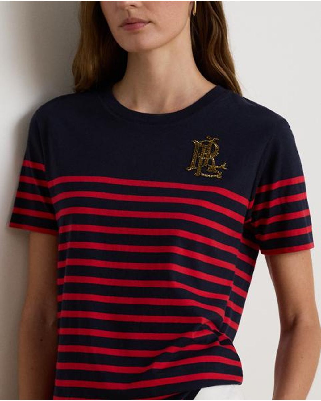 Ralph Lauren Purple Striped Beaded-Logo Cotton Jersey Tee