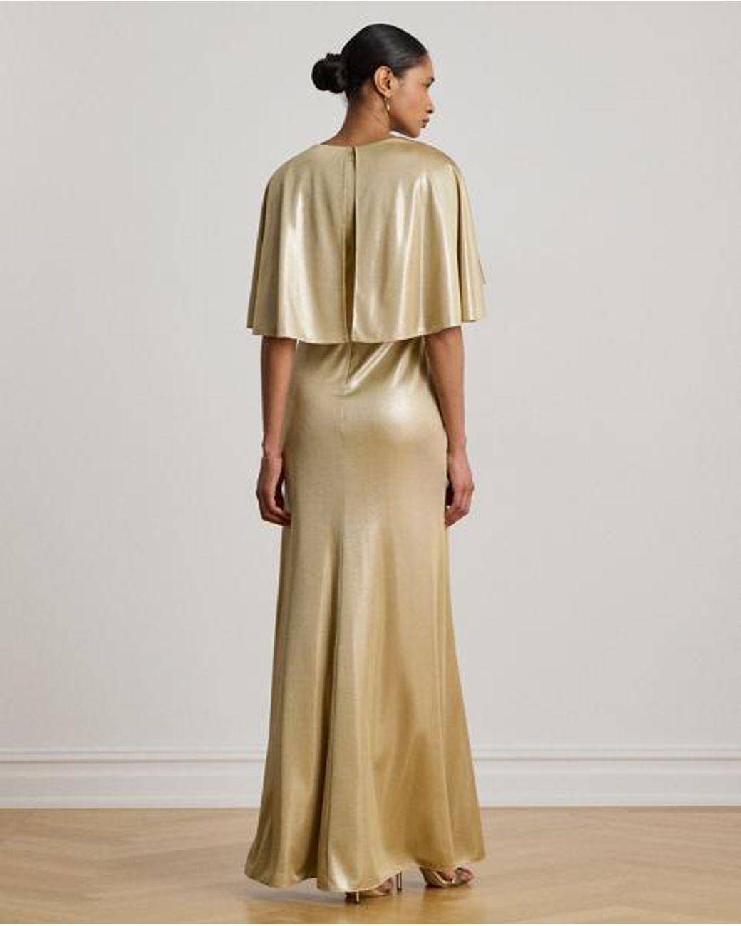 Ralph Lauren Natural Metallic Jersey Twist-Front Cape Gown