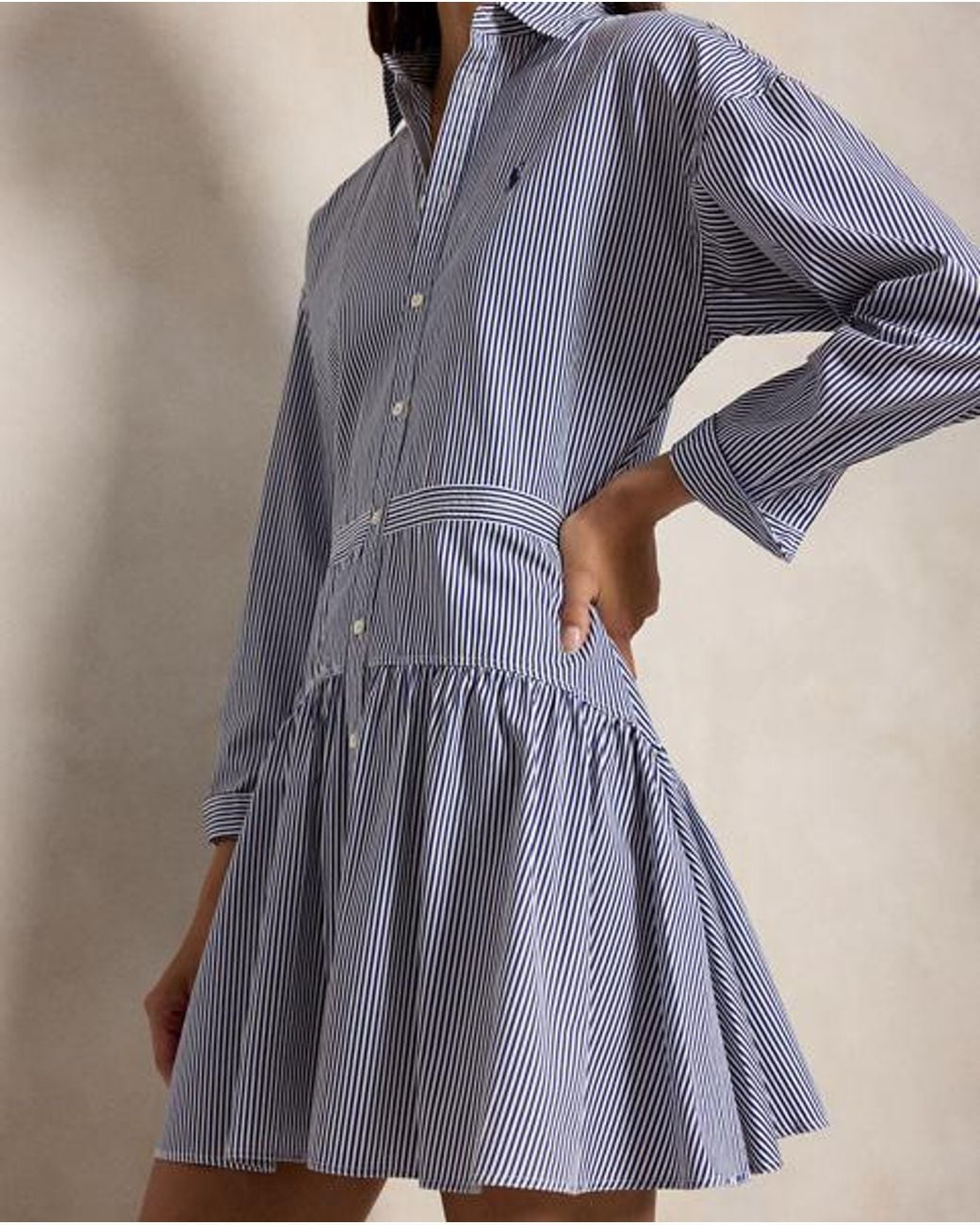 Polo Ralph Lauren Blue Striped Cotton Poplin Paneled Shirtdress