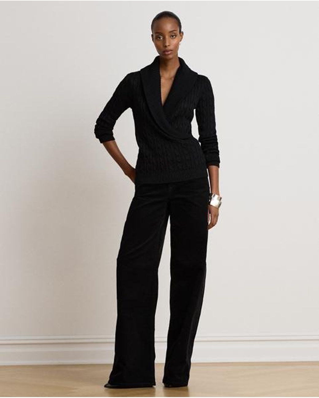 Ralph Lauren Black Cable Cotton-Blend Shawl-Collar Sweater