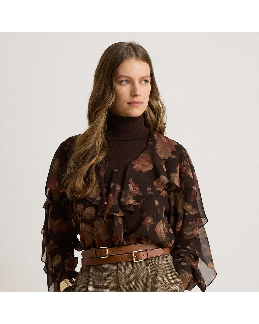 Ralph Lauren Brown Floral Ruffle-Trim Chiffon V-Neck Blouse