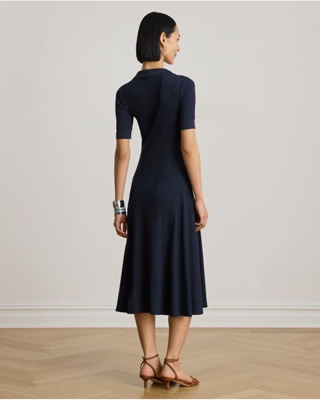 Ralph Lauren Blue Rib-Knit Elbow-Sleeve Polo Dress