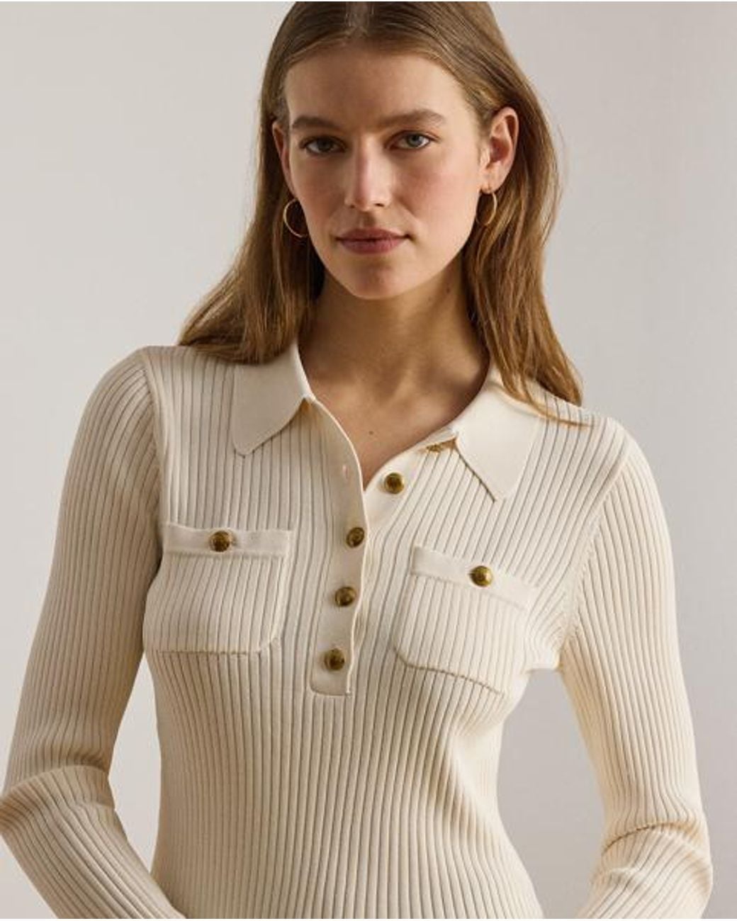 Ralph Lauren Natural Rib-Knit Long-Sleeve Polo Jumper