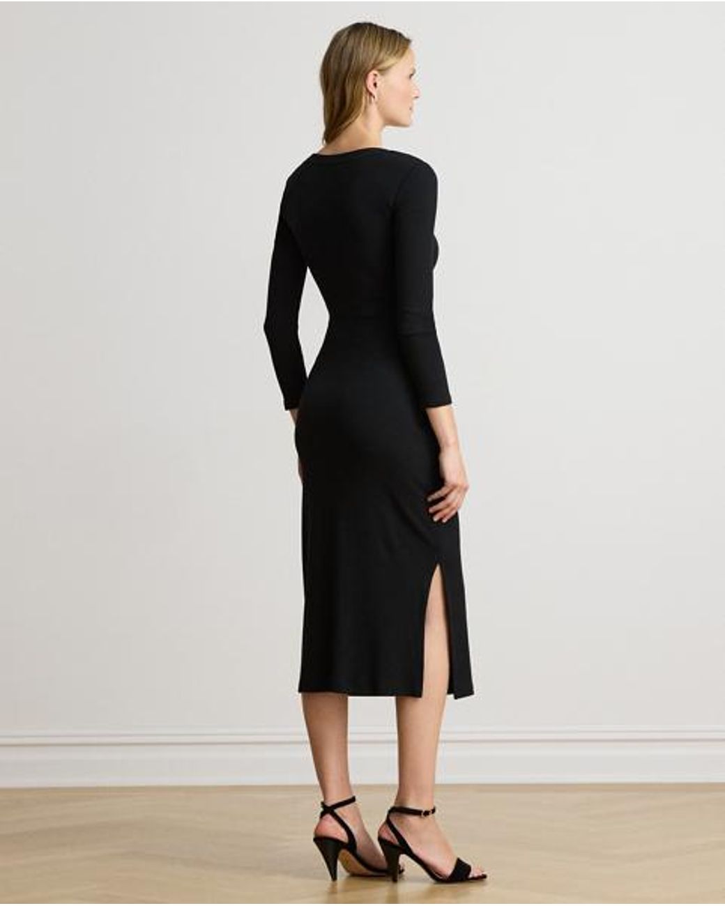 Ralph Lauren Black Tie-Front Cotton-Blend Crewneck Dress