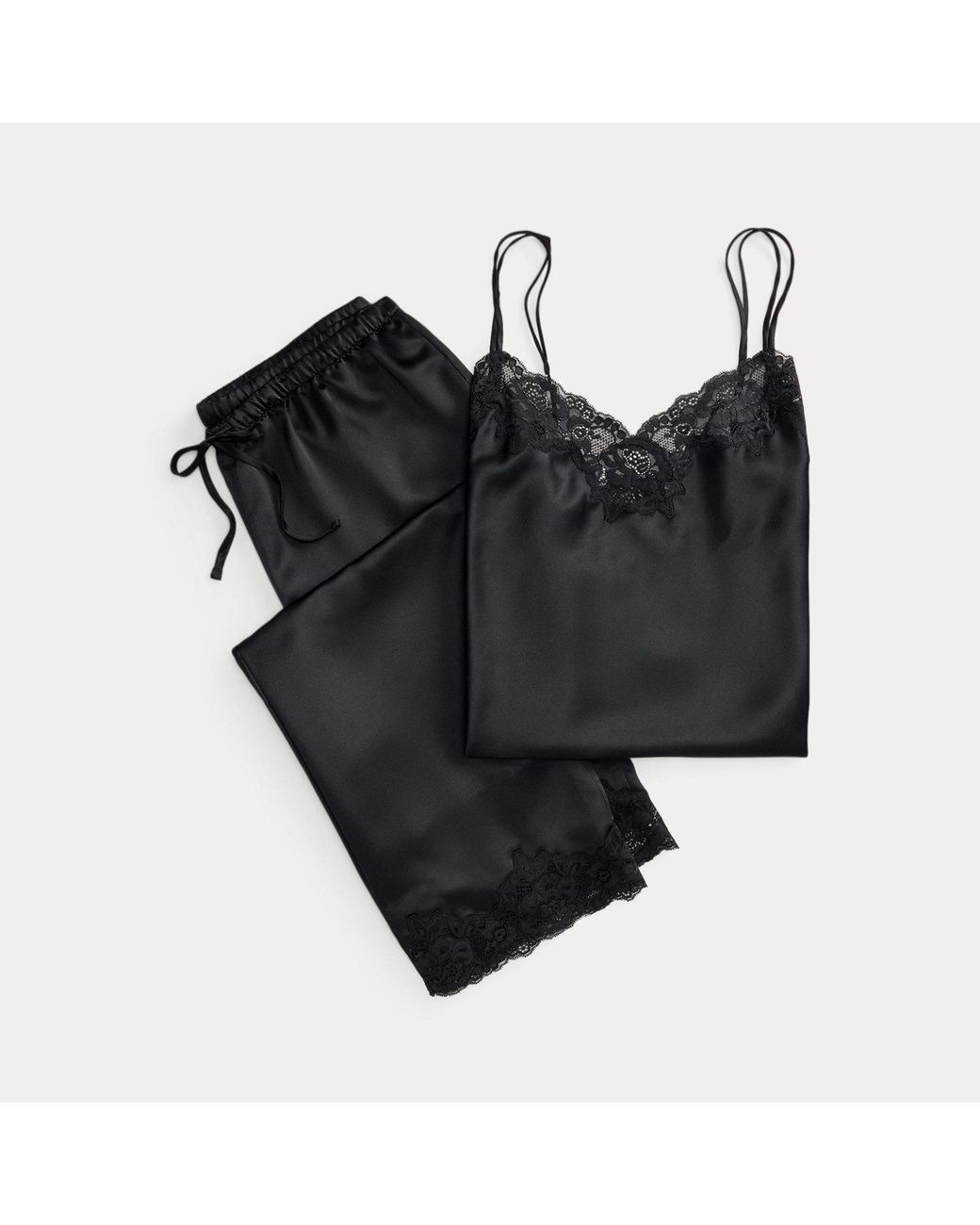 Ralph Lauren Black Lace-Trim Satin Double-Strap Cami Pj Set