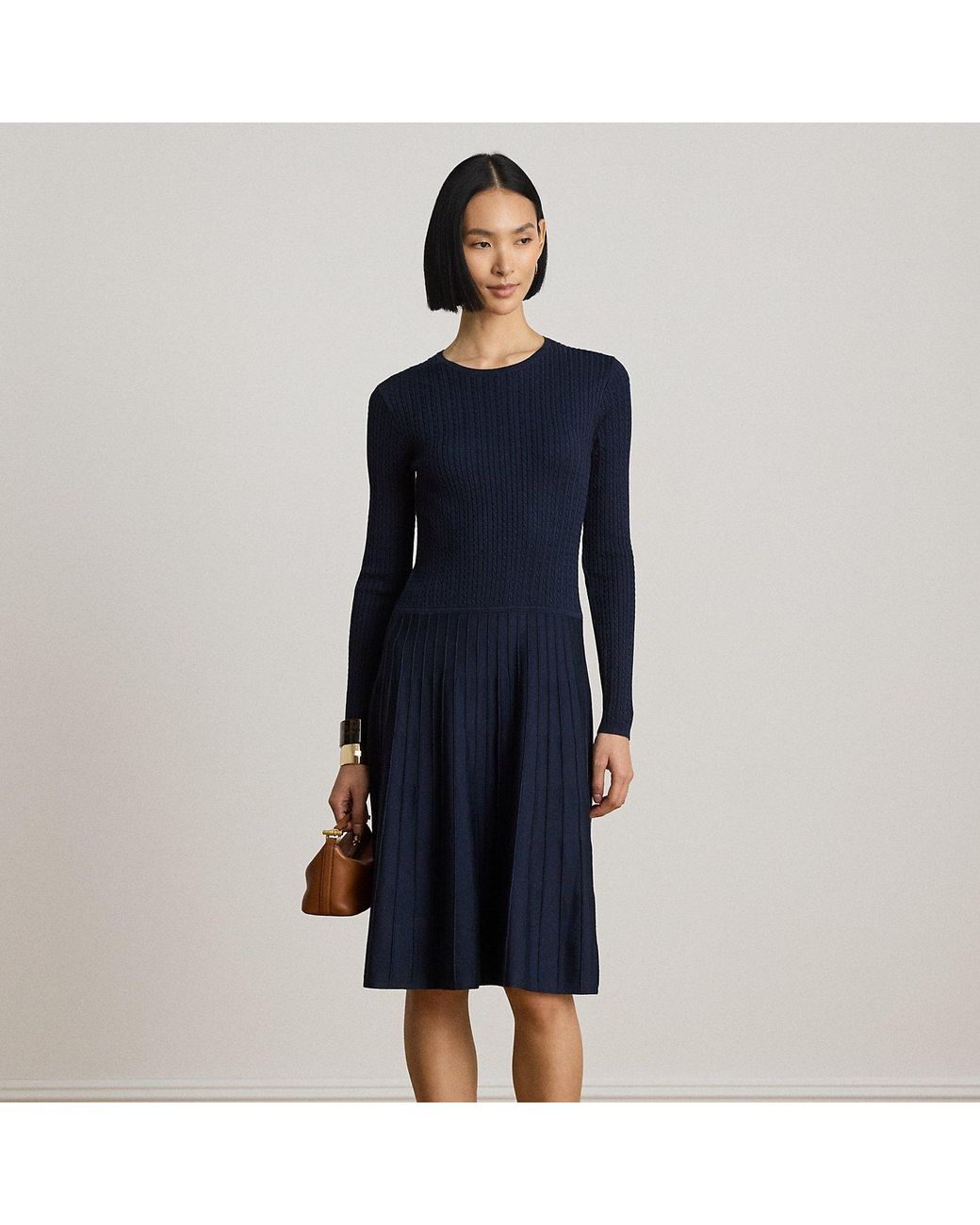 Ralph Lauren Blue Mini-Cable & Rib-Knit Long-Sleeve Dress