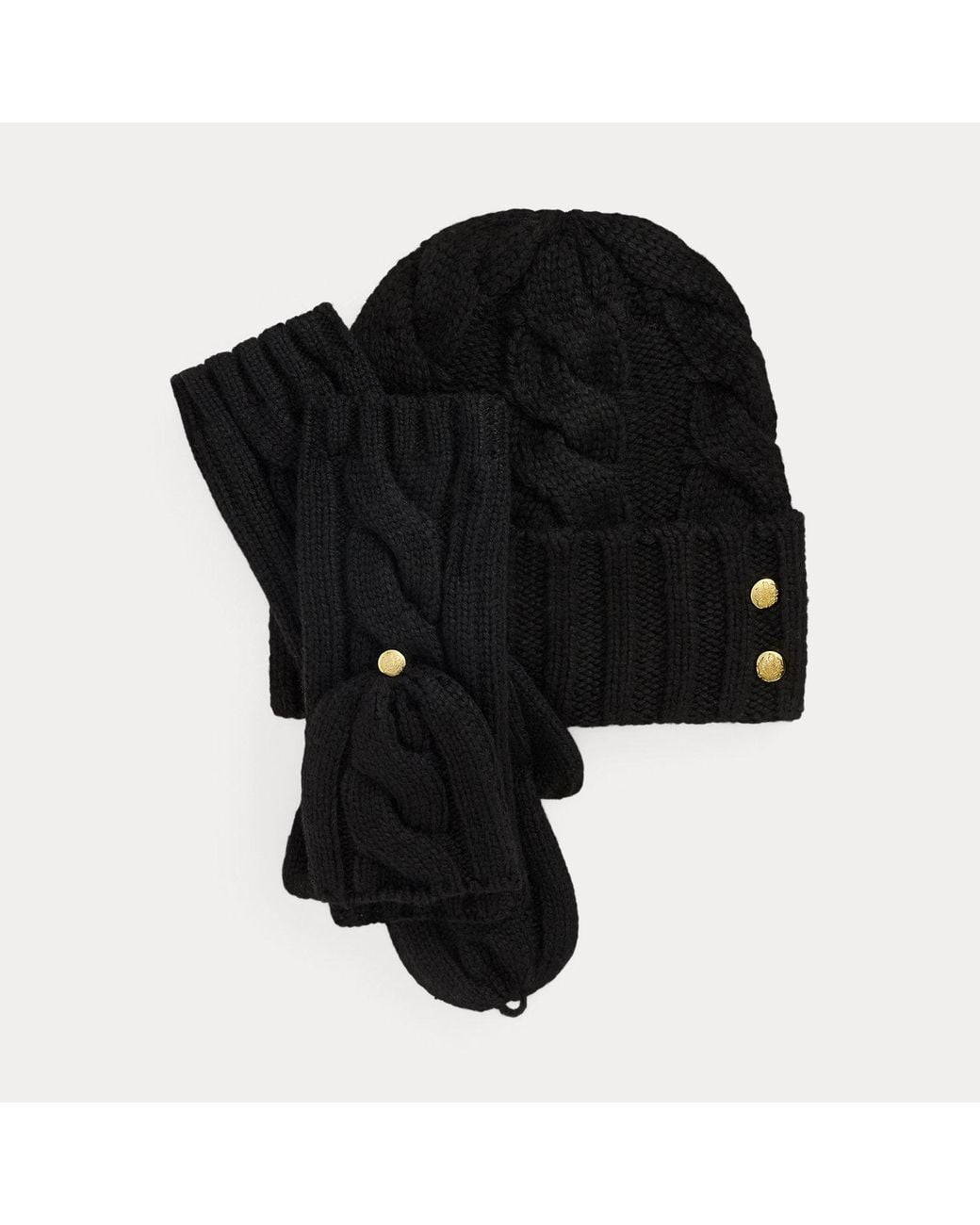 Ralph Lauren Black Cable-Knit Beanie & Mittens Set