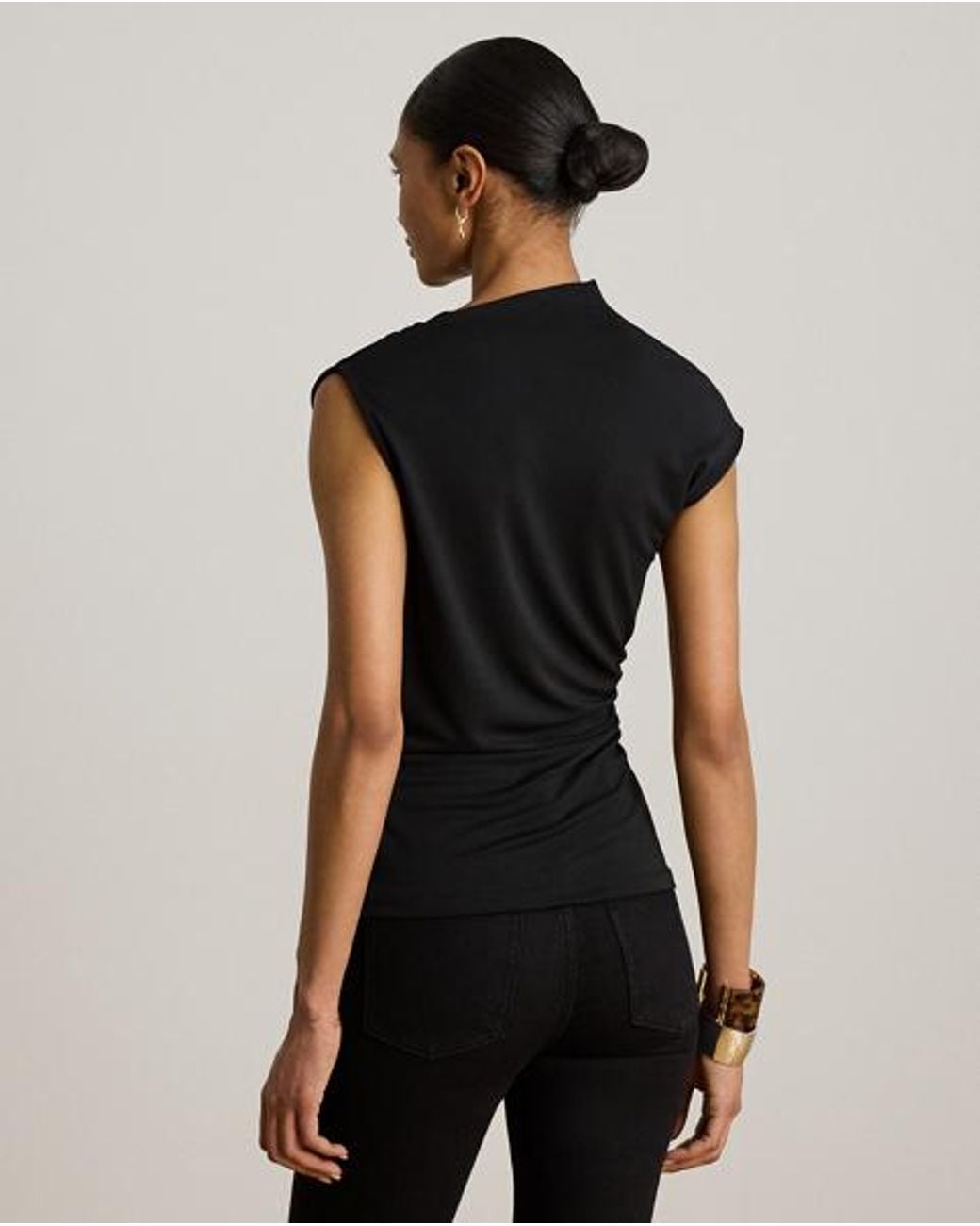Ralph Lauren Black Shirred Stretch Jersey Mockneck Top