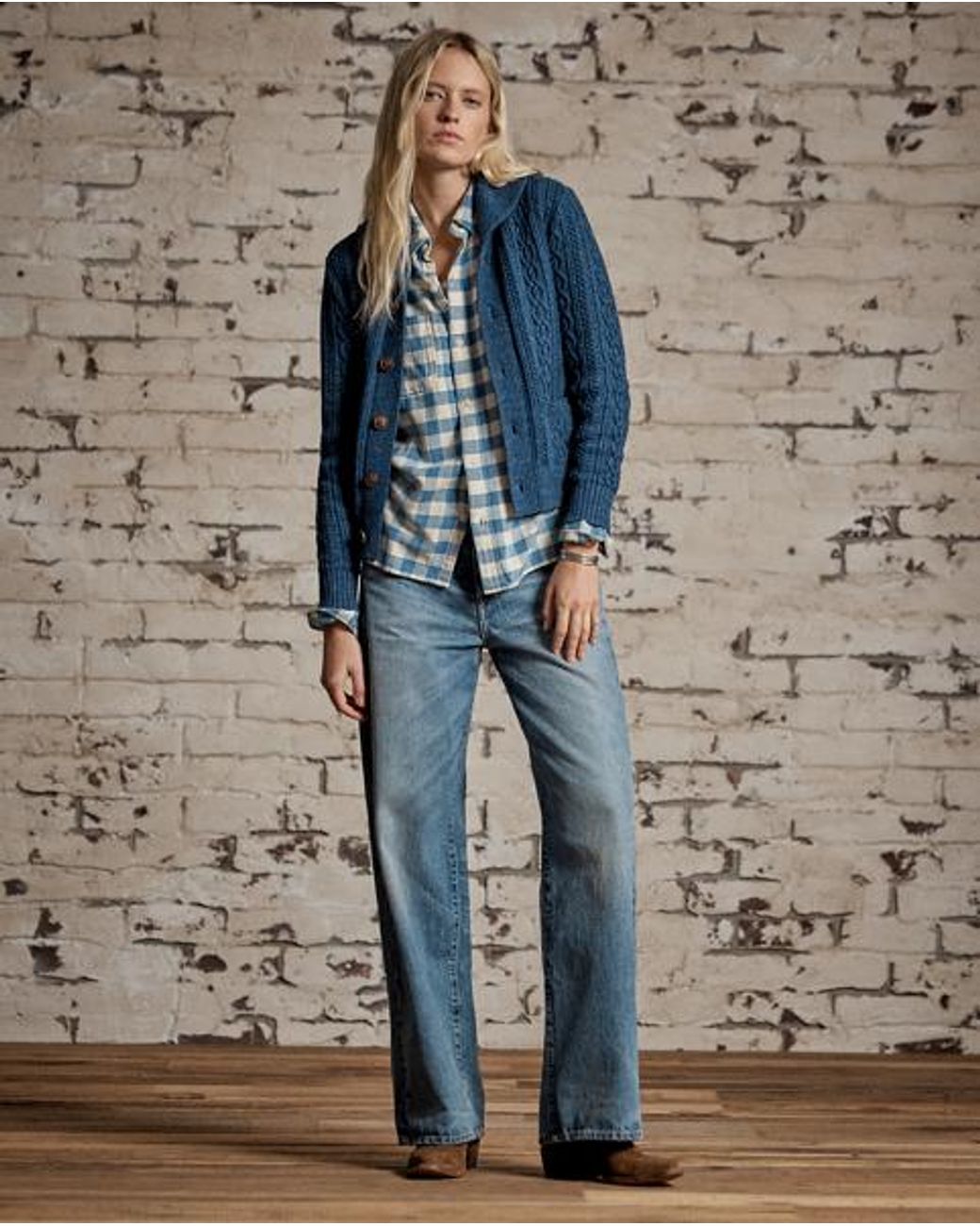 RRL Blue Cable Cotton-Wool Shawl Cardigan