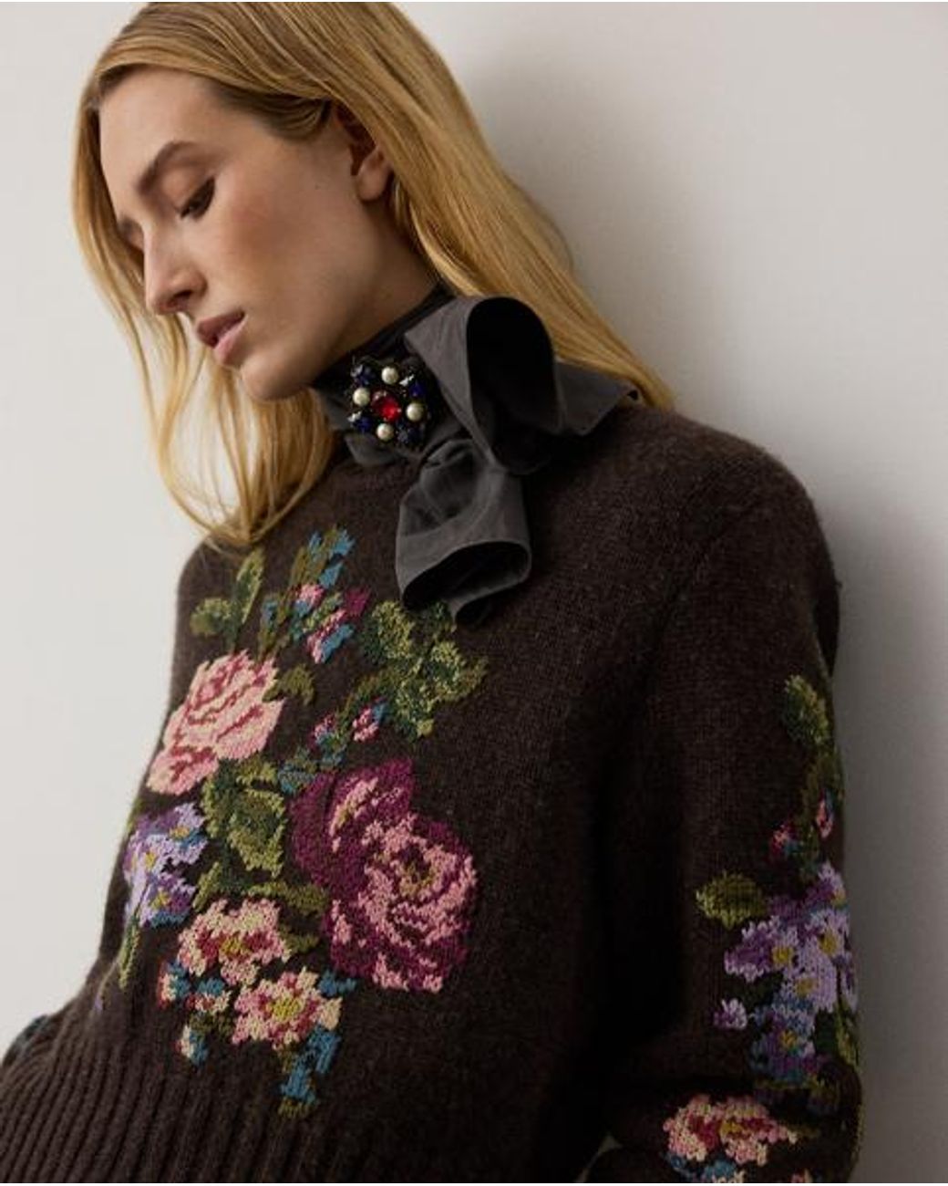 Ralph Lauren Brown Floral Cashmere Crewneck Sweater