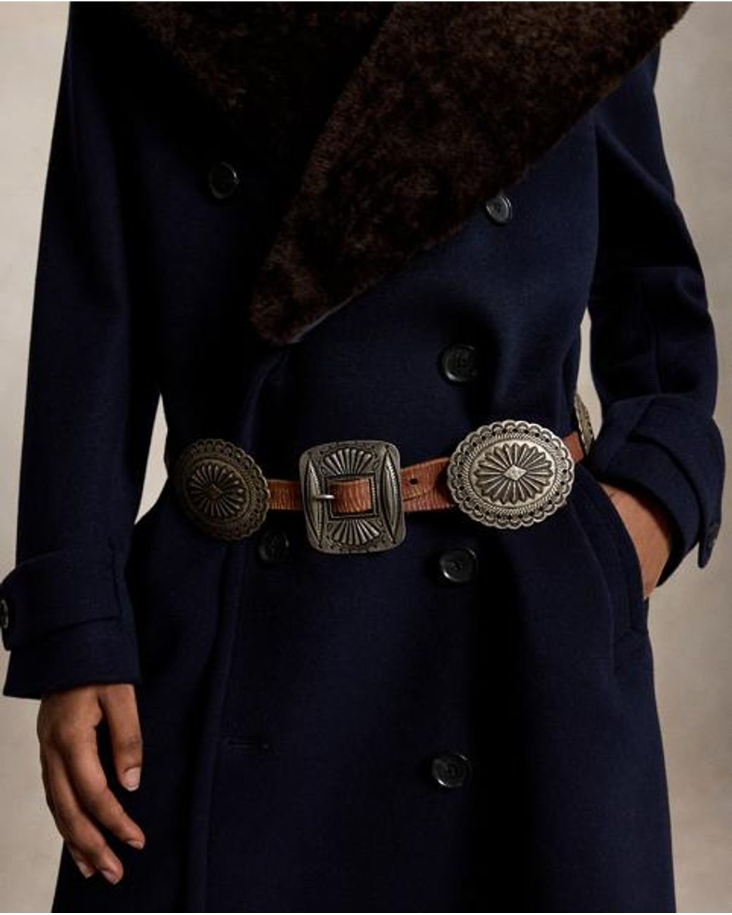 Ralph Lauren Black Shearling-Collar Wool Melton Peacoat