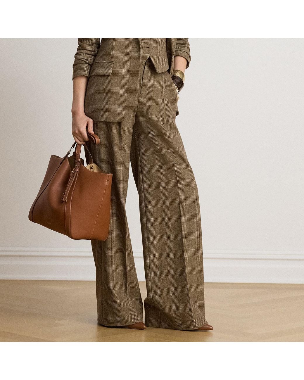 Ralph Lauren Brown Glen Plaid Brushed Wool Wide-Leg Trouser