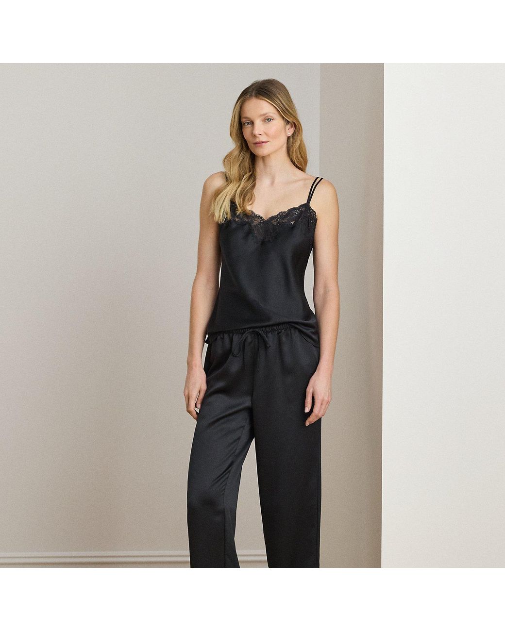 Ralph Lauren Black Lace-Trim Satin Double-Strap Cami Pj Set