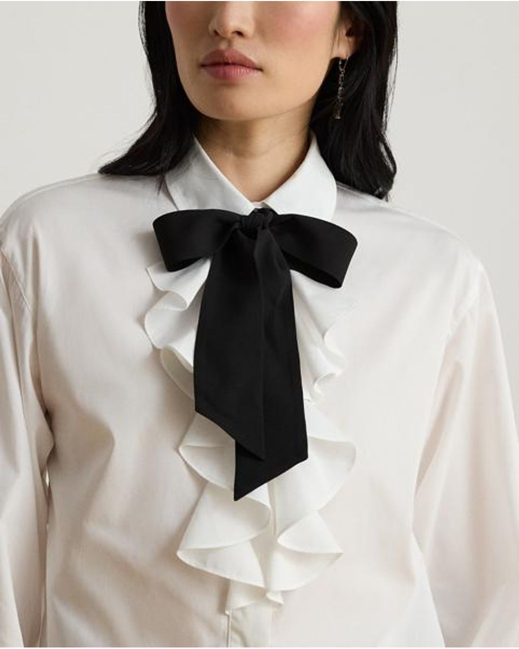 Ralph Lauren Gray Ruffle-Trim Broadcloth Tie-Neck Shirt