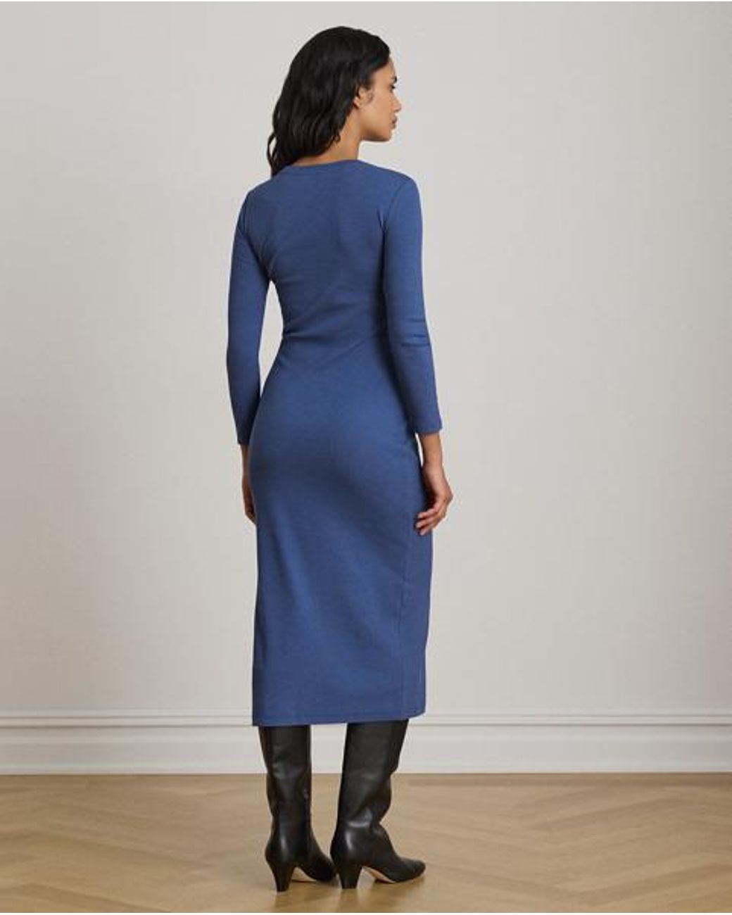 Ralph Lauren Blue Button-Trim Rib-Knit Midi Dress