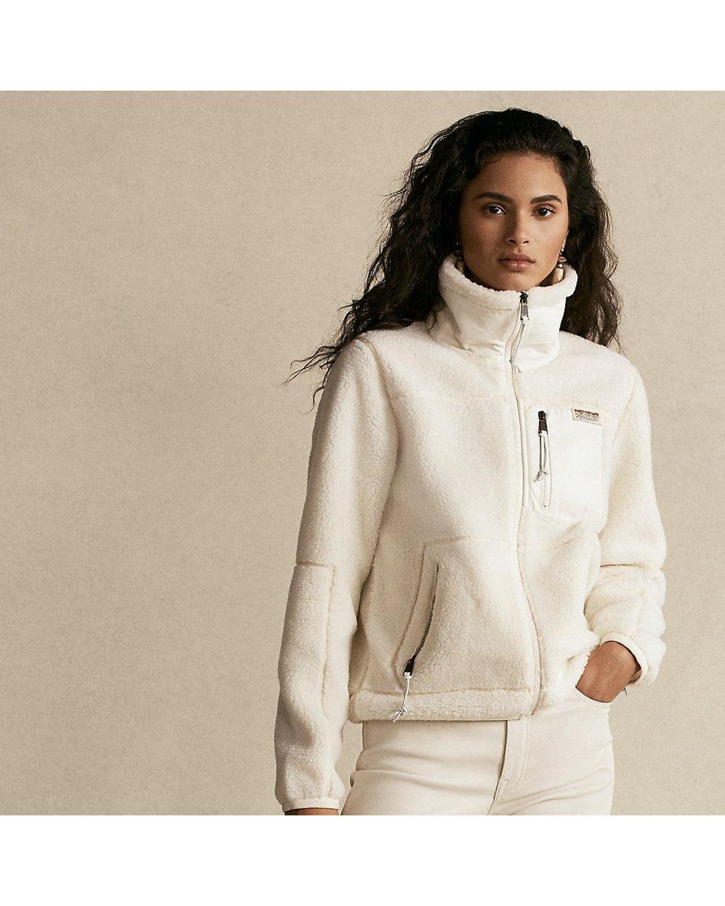 Polo Ralph Lauren Leather-trim Fleece Zip Jacket in Natural | Lyst