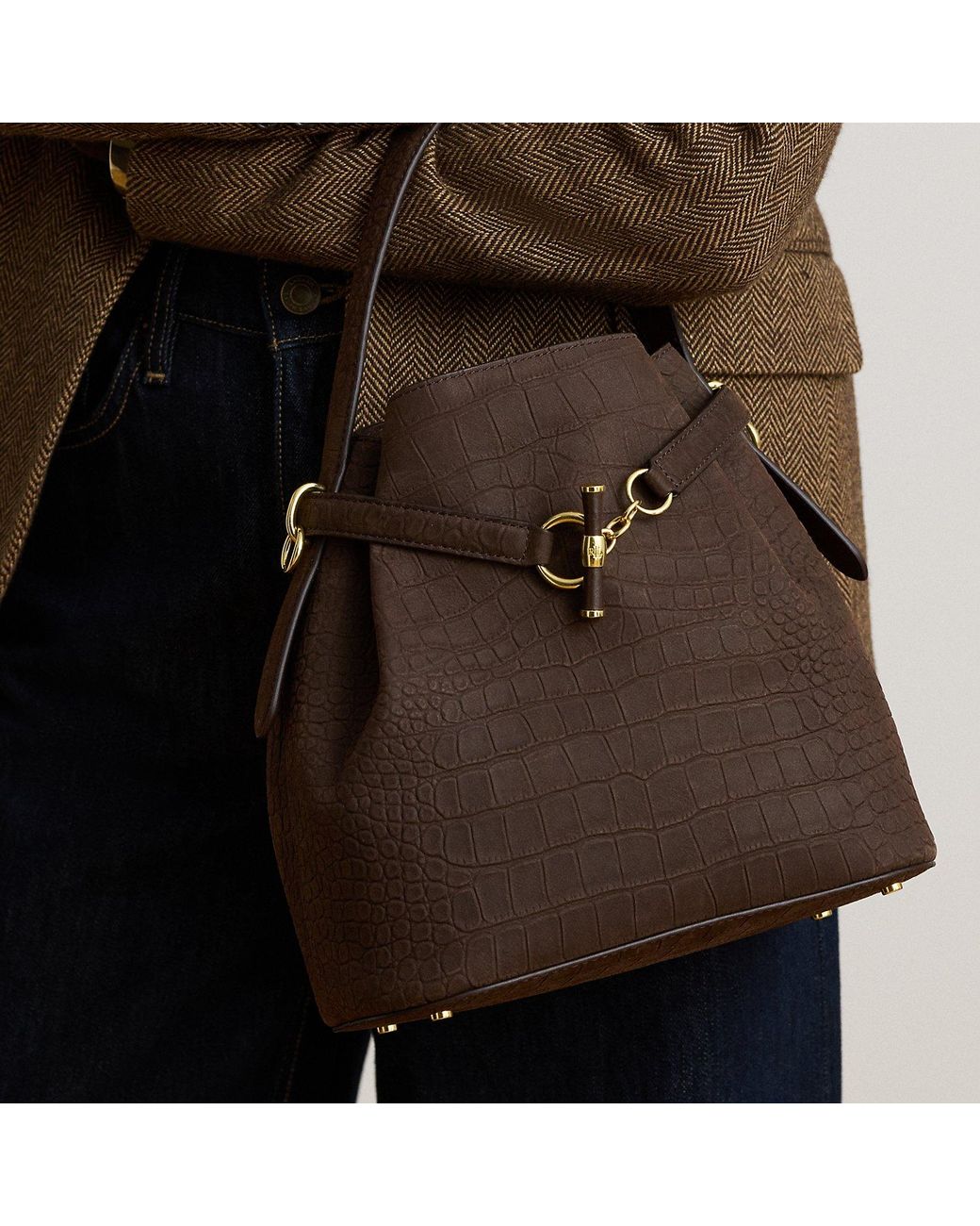 Ralph Lauren Brown Embossed Nubuck Medium Blaike Bucket Bag