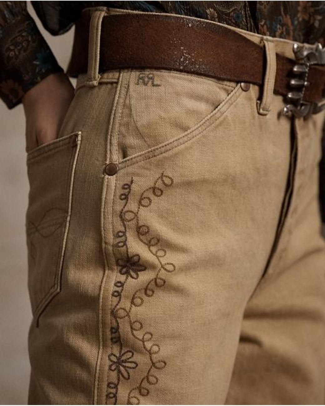 RRL Brown Embroidered Tan Bootcut Jean