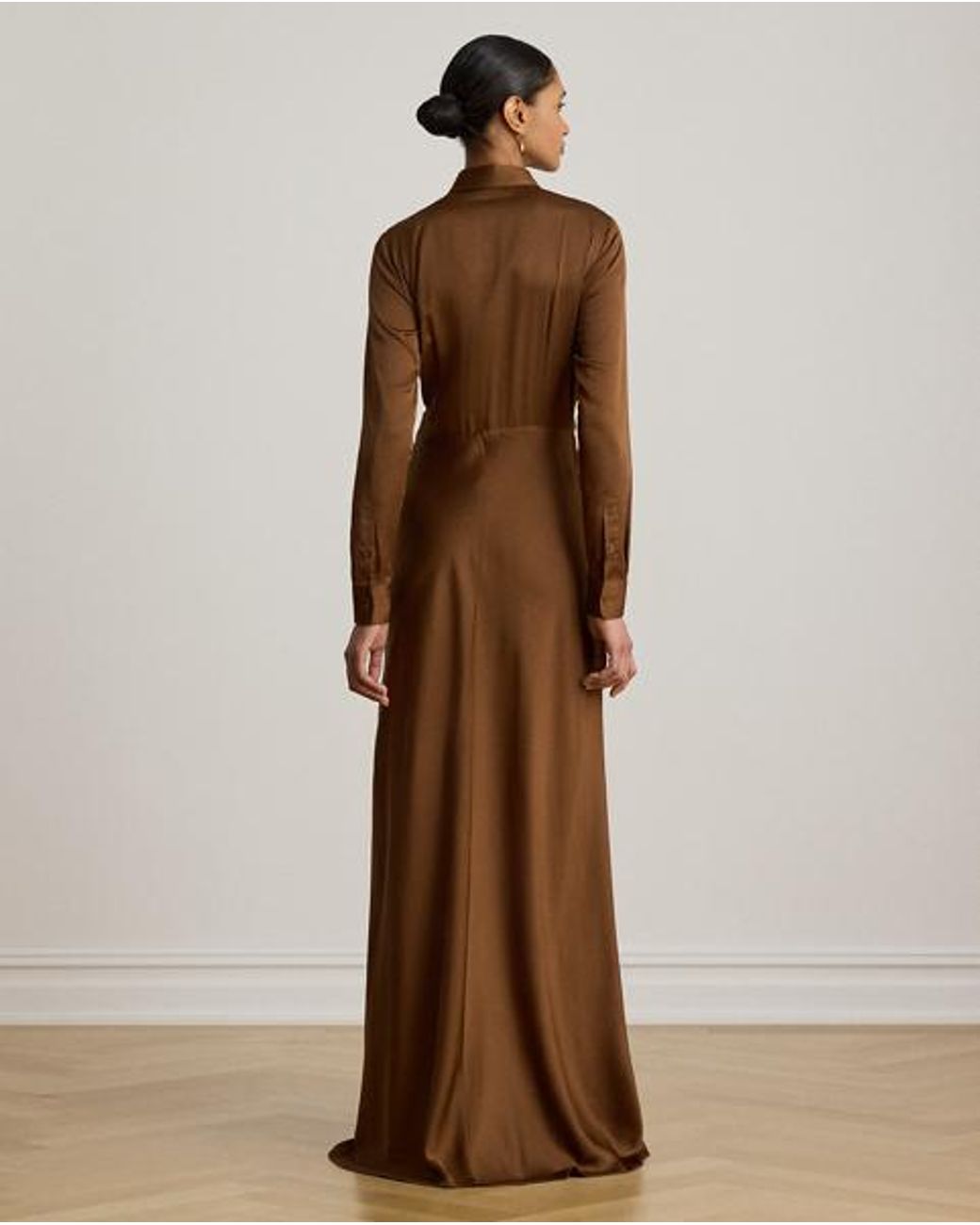 Ralph Lauren Brown Pleated Button-Up Charmeuse Gown