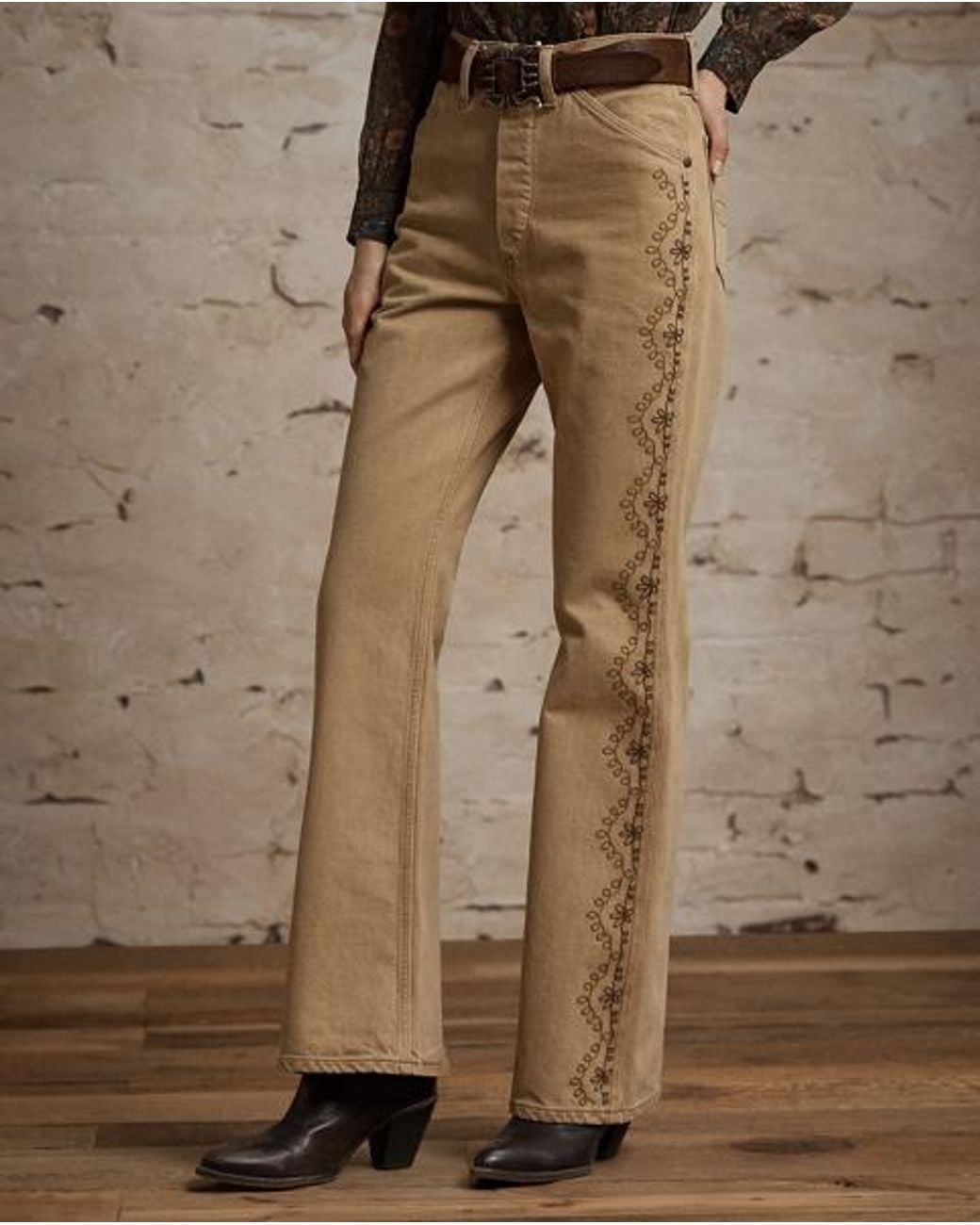 RRL Brown Embroidered Tan Bootcut Jean