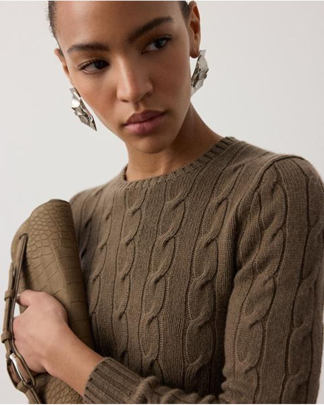 Ralph Lauren Brown Cable-Knit Cashmere Crewneck Jumper
