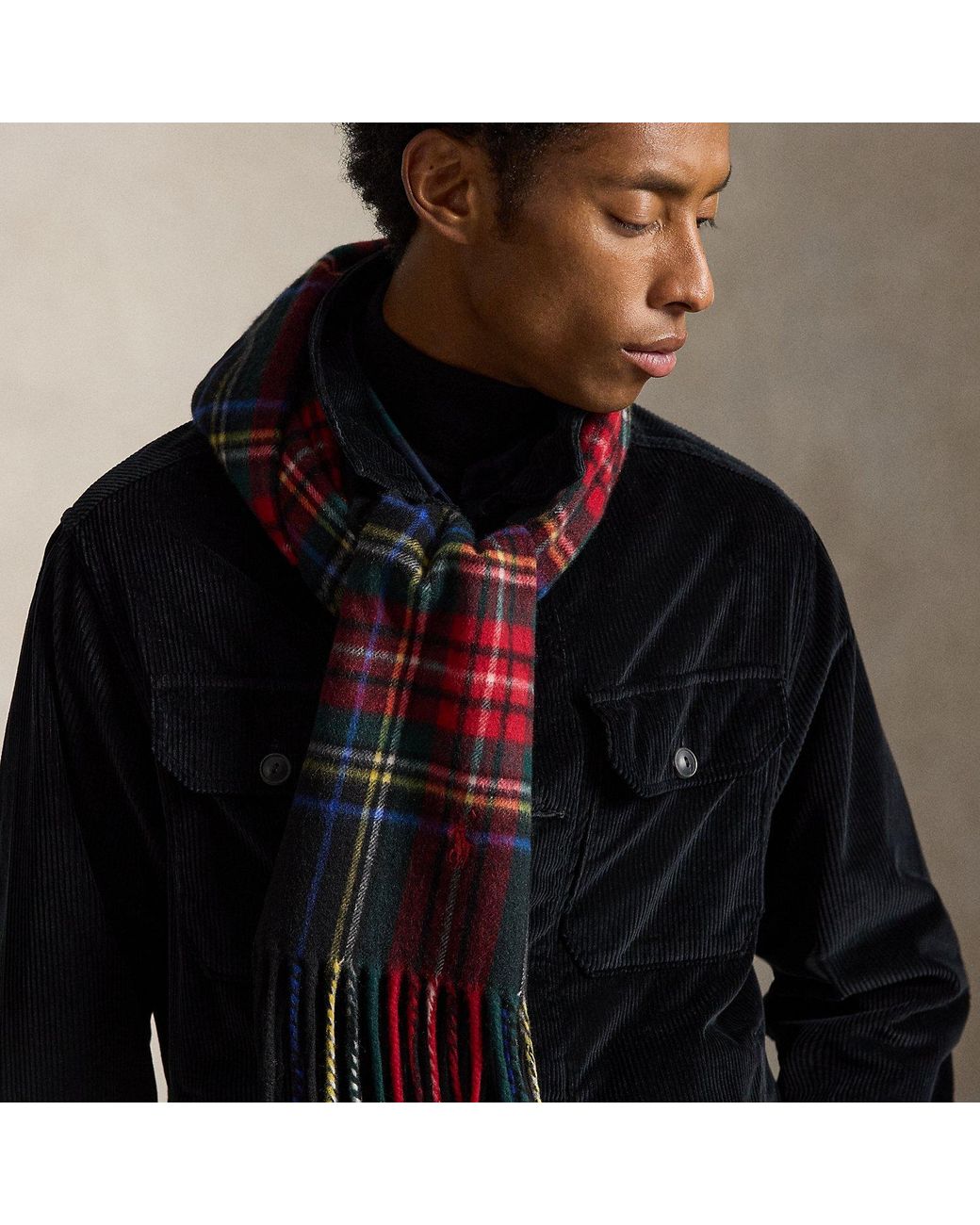 Polo Ralph Lauren Black Plaid Cashmere Scarf for men