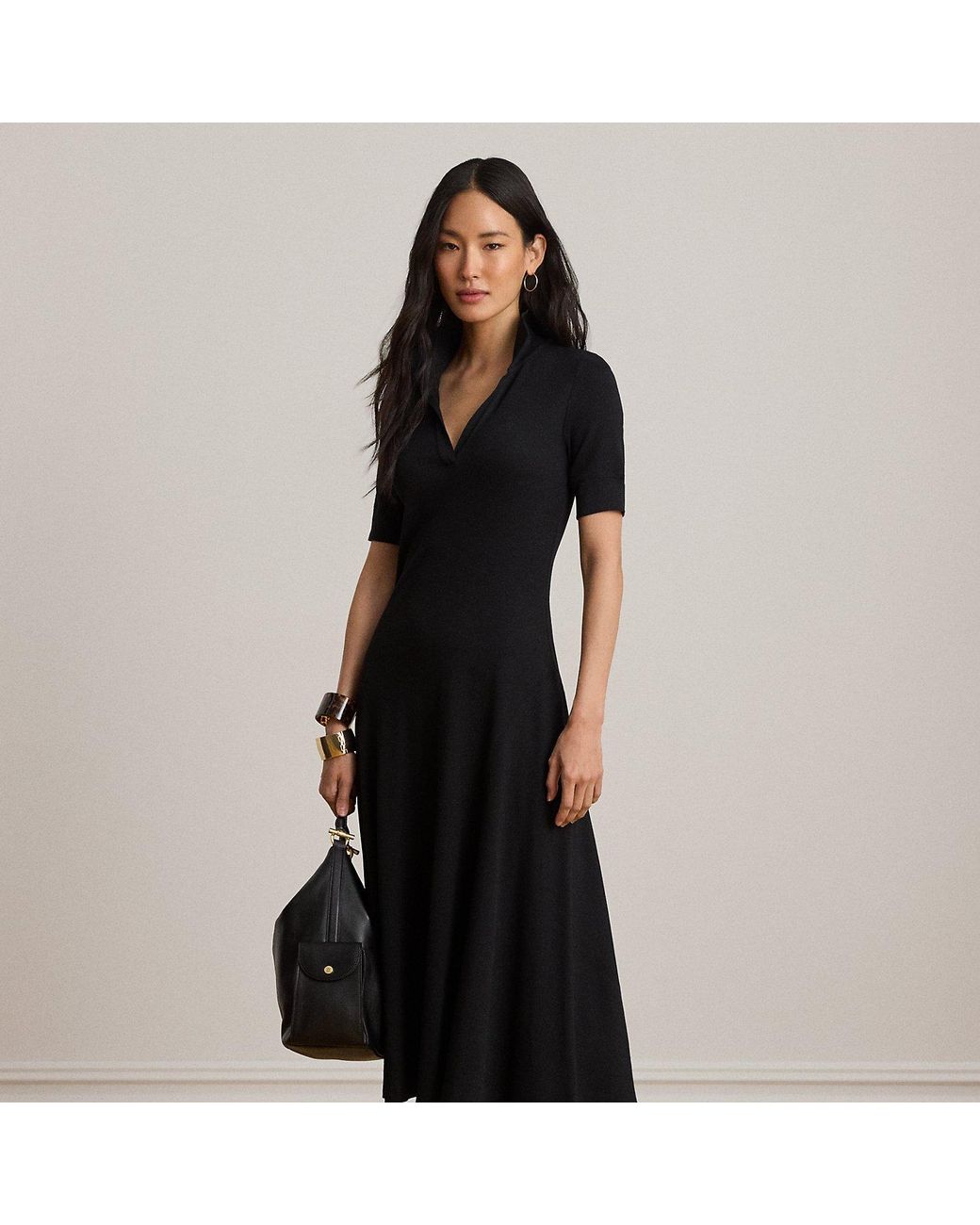 Ralph Lauren Black Rib-Knit Elbow-Sleeve Polo Dress