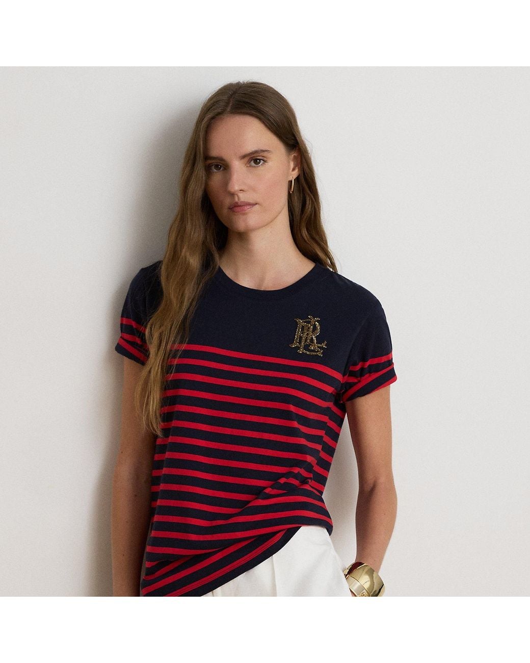 Ralph Lauren Purple Striped Beaded-Logo Cotton Jersey Tee