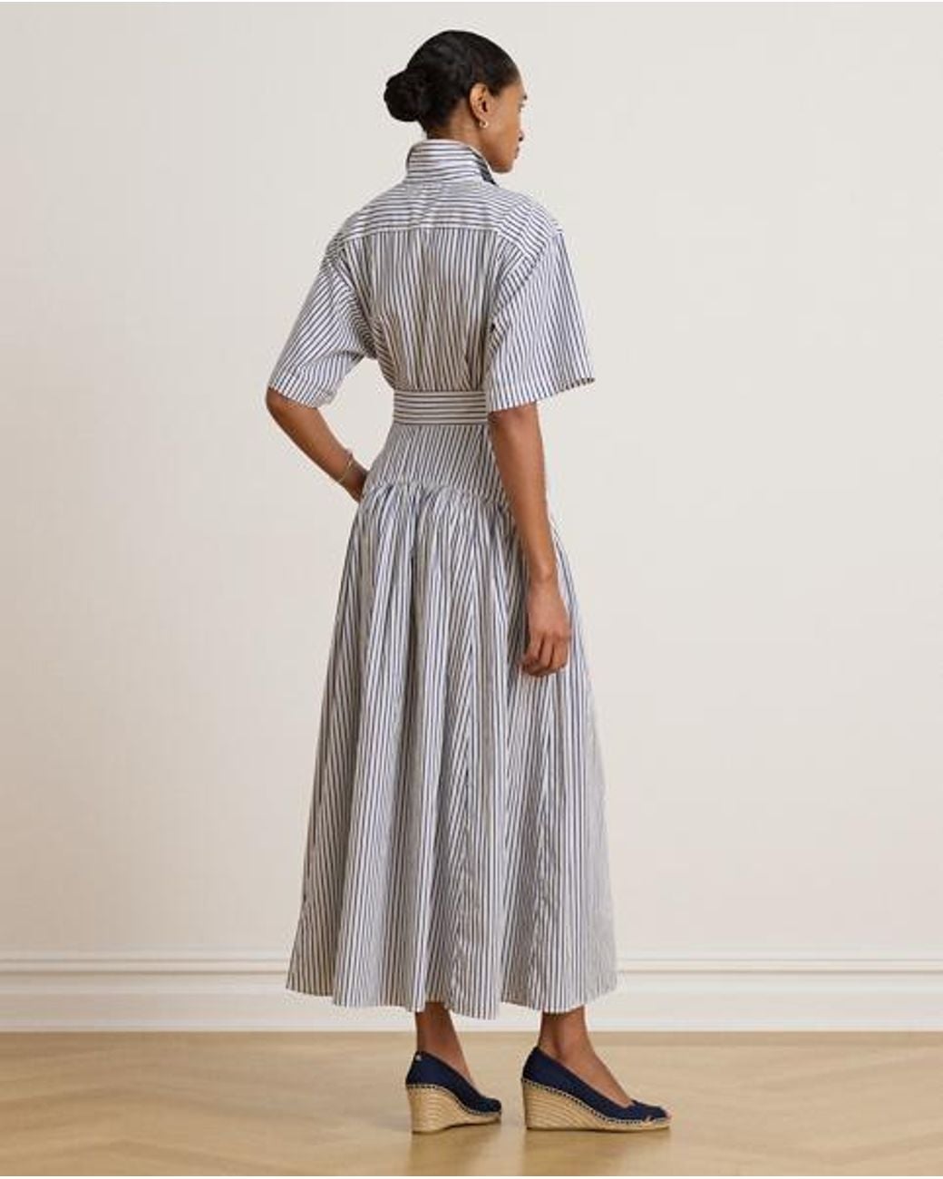 Ralph Lauren Blue Striped Belted Broadcloth Shirtdress