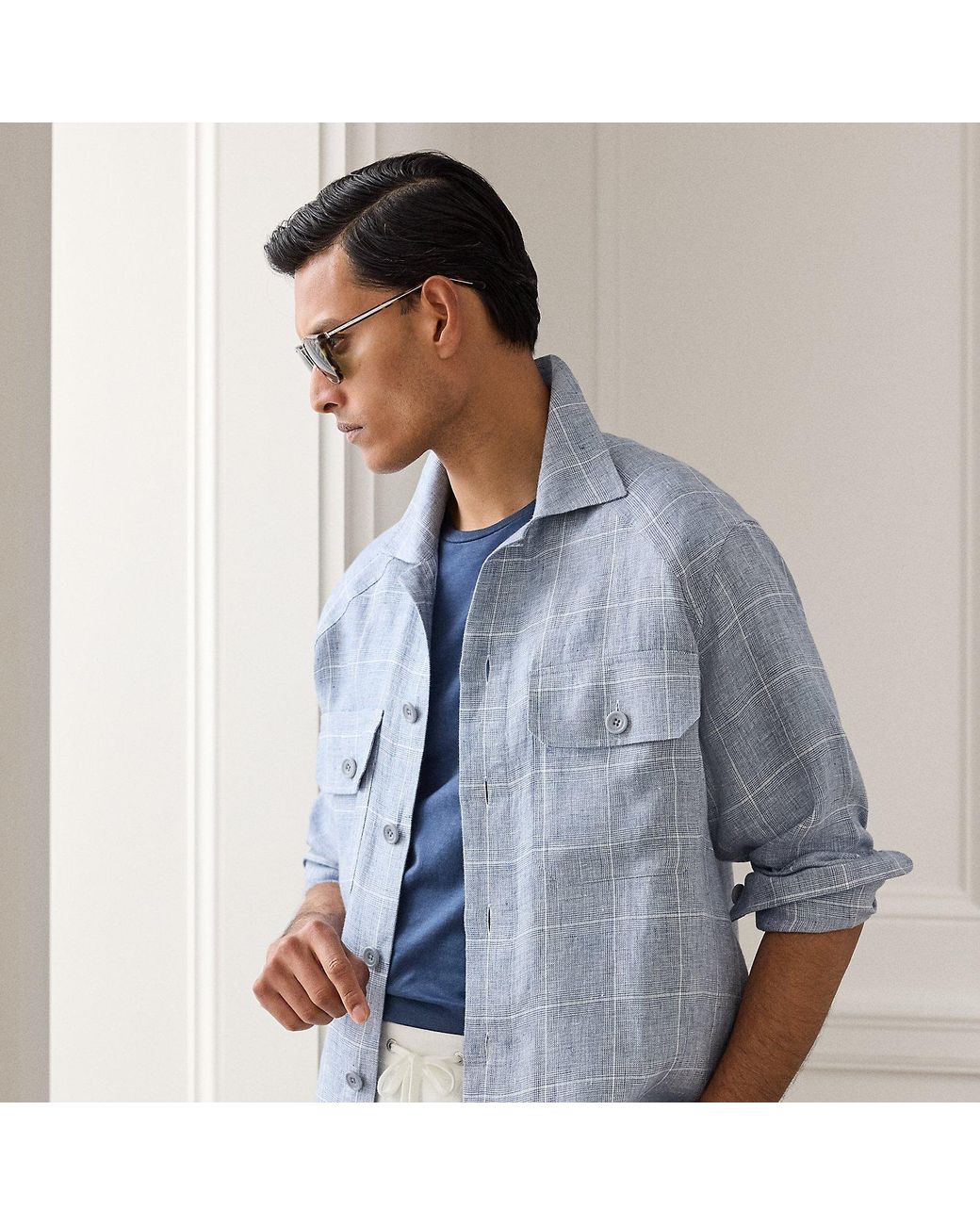 Ralph Lauren Blue Linen Windowpane Shirt for men