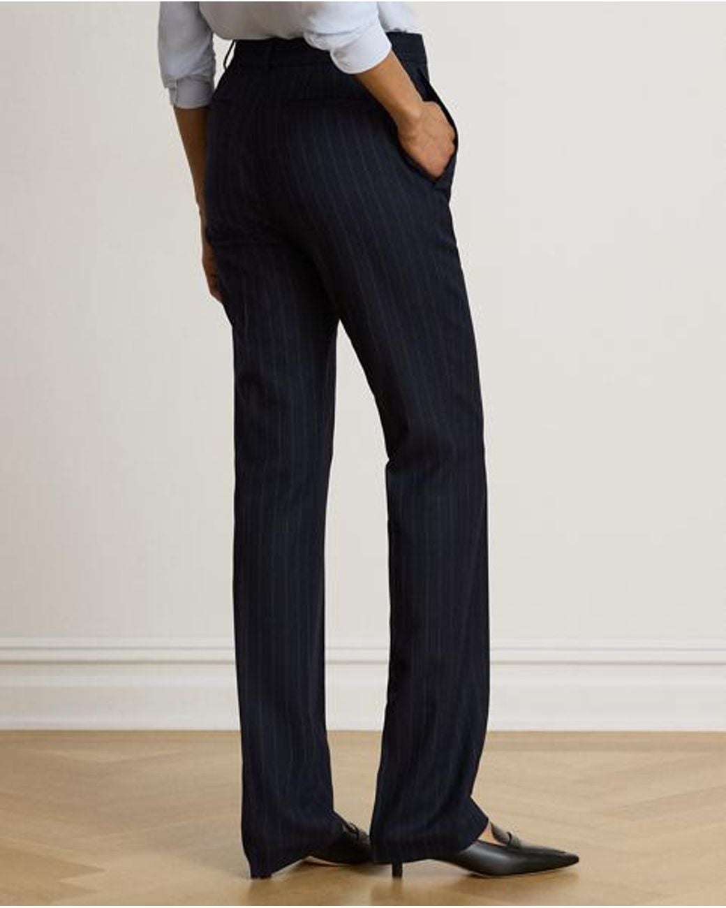 Ralph Lauren Blue Pinstripe Wool-Blend Twill Straight Pant