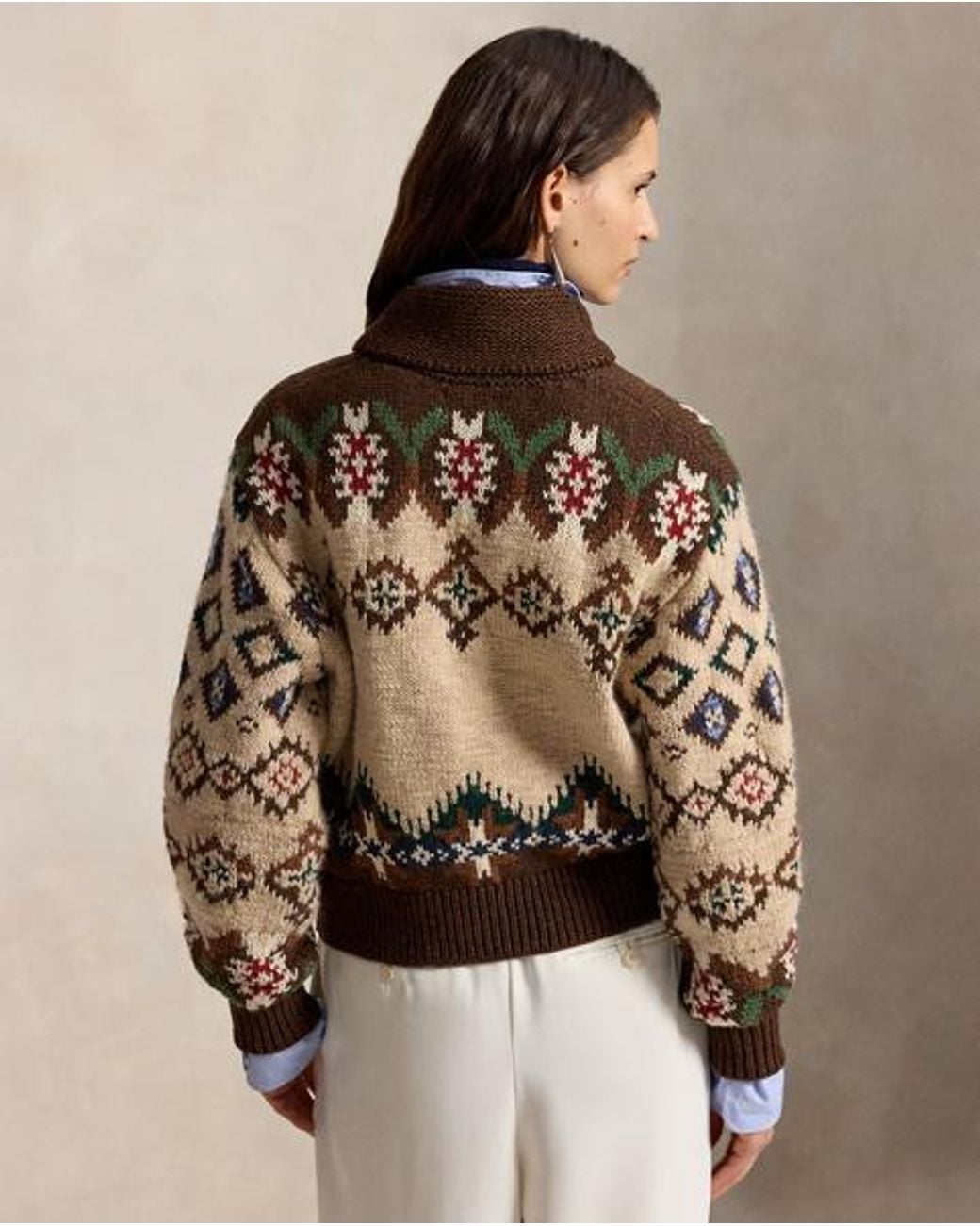 Ralph Lauren Brown Geo-Pattern Wool-Cashmere Cardigan