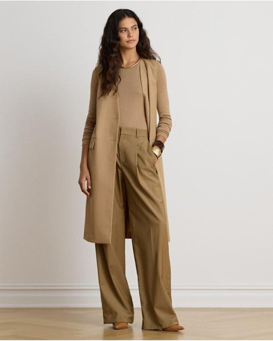 Ralph Lauren Brown Wool-Blend Twill Longline Vest