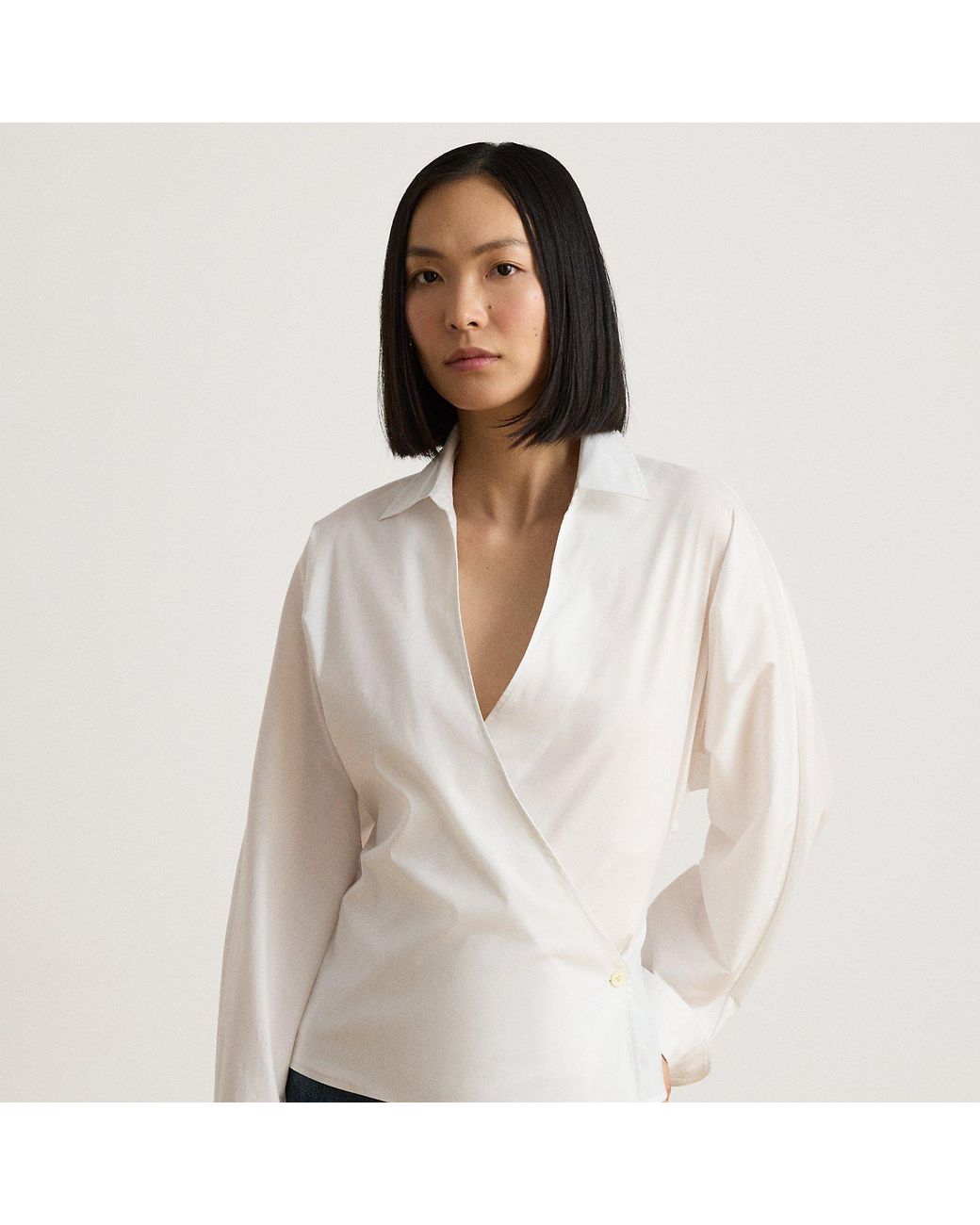 Ralph Lauren White Stretch-Cotton-Blend Wrap Shirt