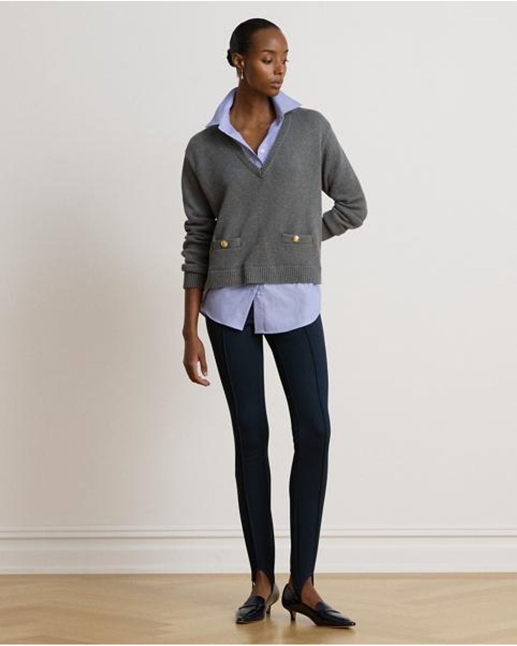 Ralph Lauren Gray Layered Button-Trim Heathered Jumper